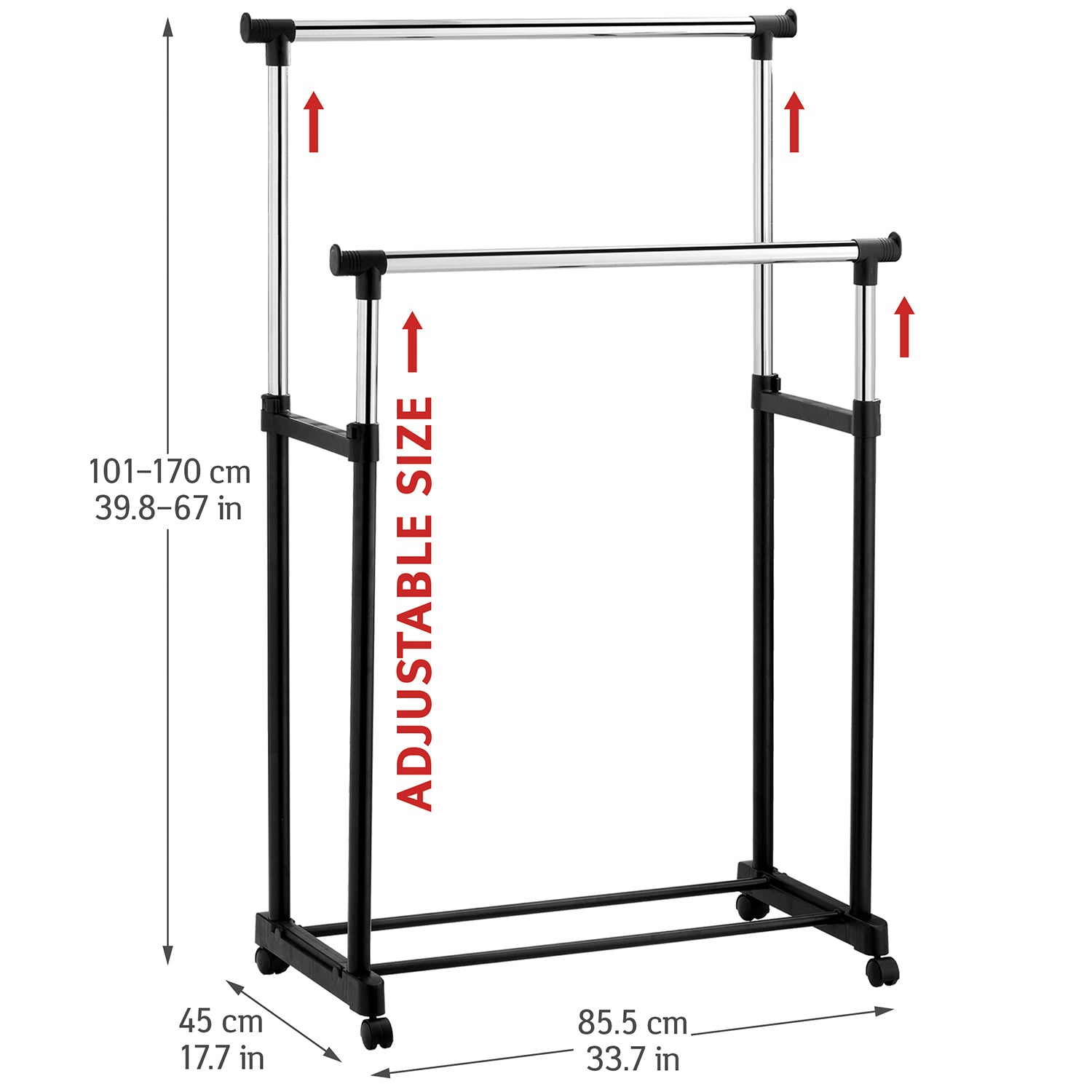 Double Clothes Rail on Wheels, Robust and Stable Clothing Rail, Adjustable Height,
