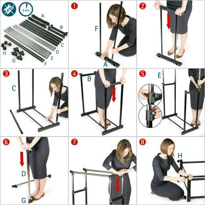 Double Clothes Rail on Wheels, Robust and Stable Clothing Rail, Adjustable Height,