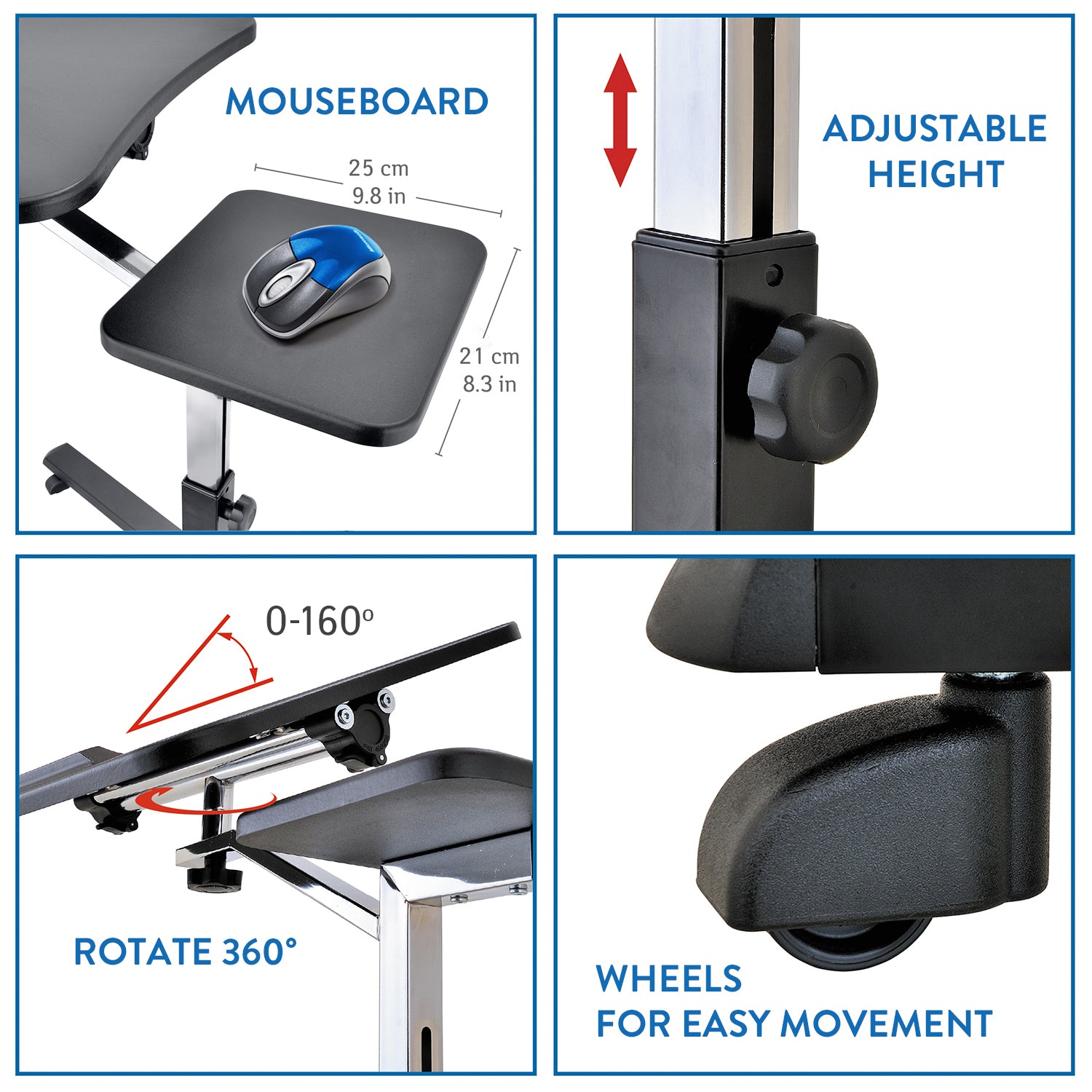 Laptop Desk on Wheels with Mouse Pad, Adjustable Height & Tabletop