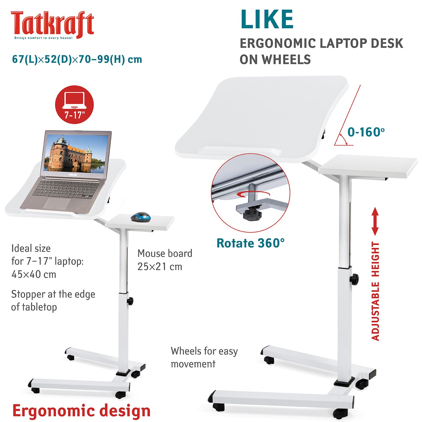 Adjustable Laptop Table, Portable Laptop Desk, Sofa Desk, Laptop Bed Table, with Mouse Pad, Desk on Wheels, Tatkraft Like, 4