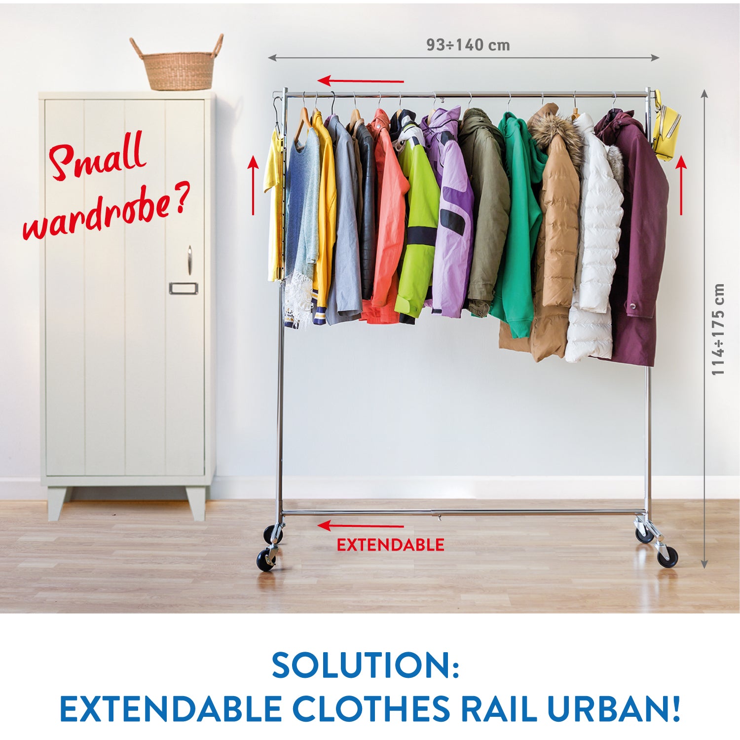 Heavy Duty Clothes Rail, 220 Lbs Capacity, Extendable Clothes Rack, Clothes Rail on Wheels, Tatkraft Urban, 4
