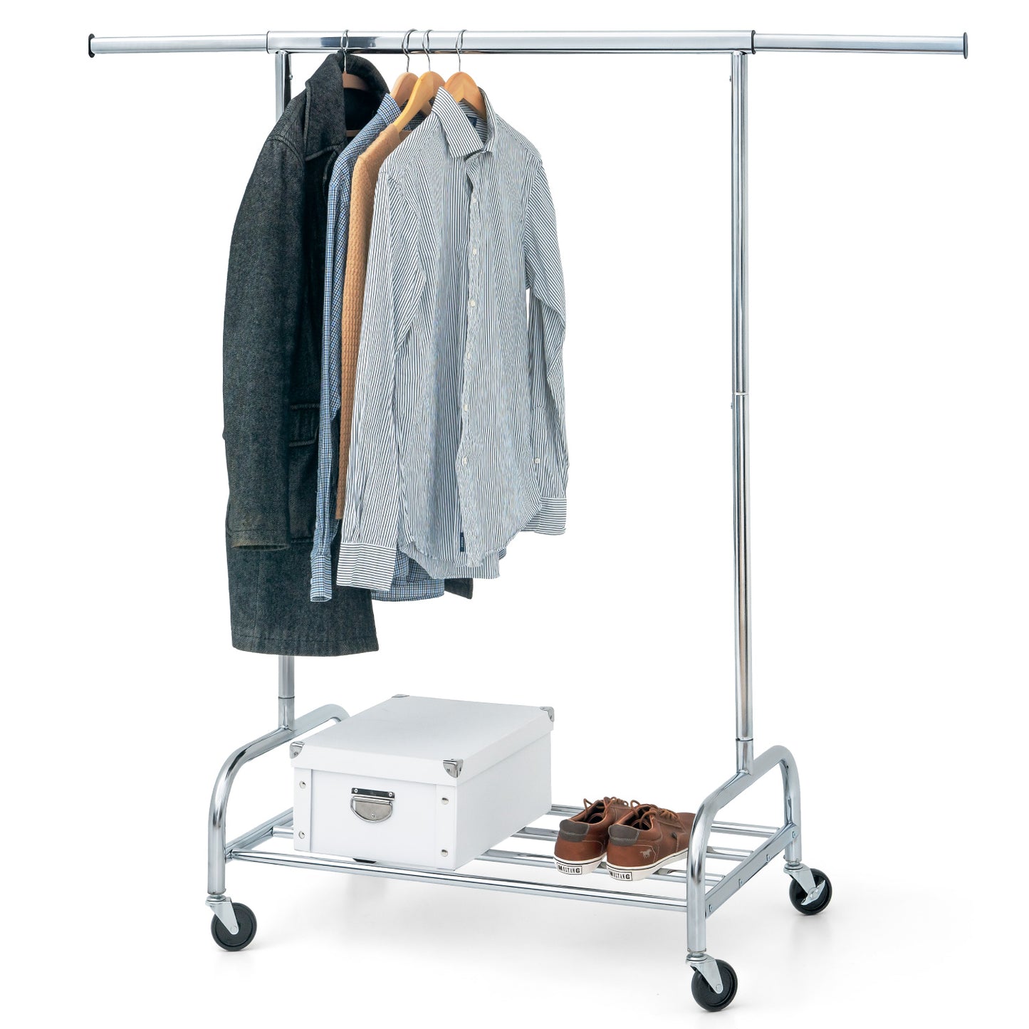 Heavy Duty Clothes Rail, 220 Lbs Capacity, Extendable Clothes Rail, on Wheels, with Bottom Shelf, Tatkraft Tiger, 1