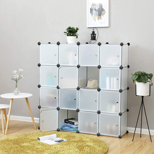 16 Cube DIY Storage Organiser Unit, Plastic Closet Cabinet, Wardrobe, With Doors, for Clothes Shoes Toys Books, SONGMICS, 1