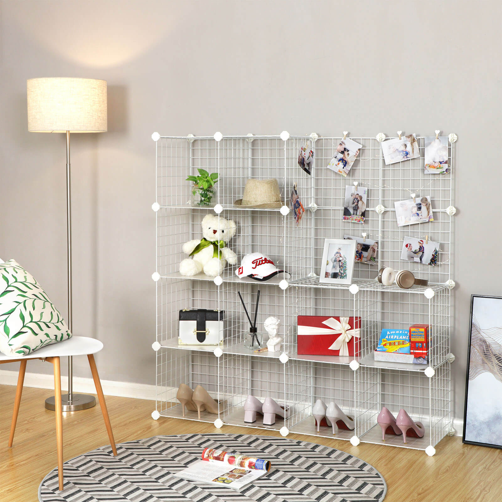 16 Cube Metal Wire Storage Organiser, Modular Shelving Grids, Wire Mesh Shelves and Rack, White, SONGMICS, 2