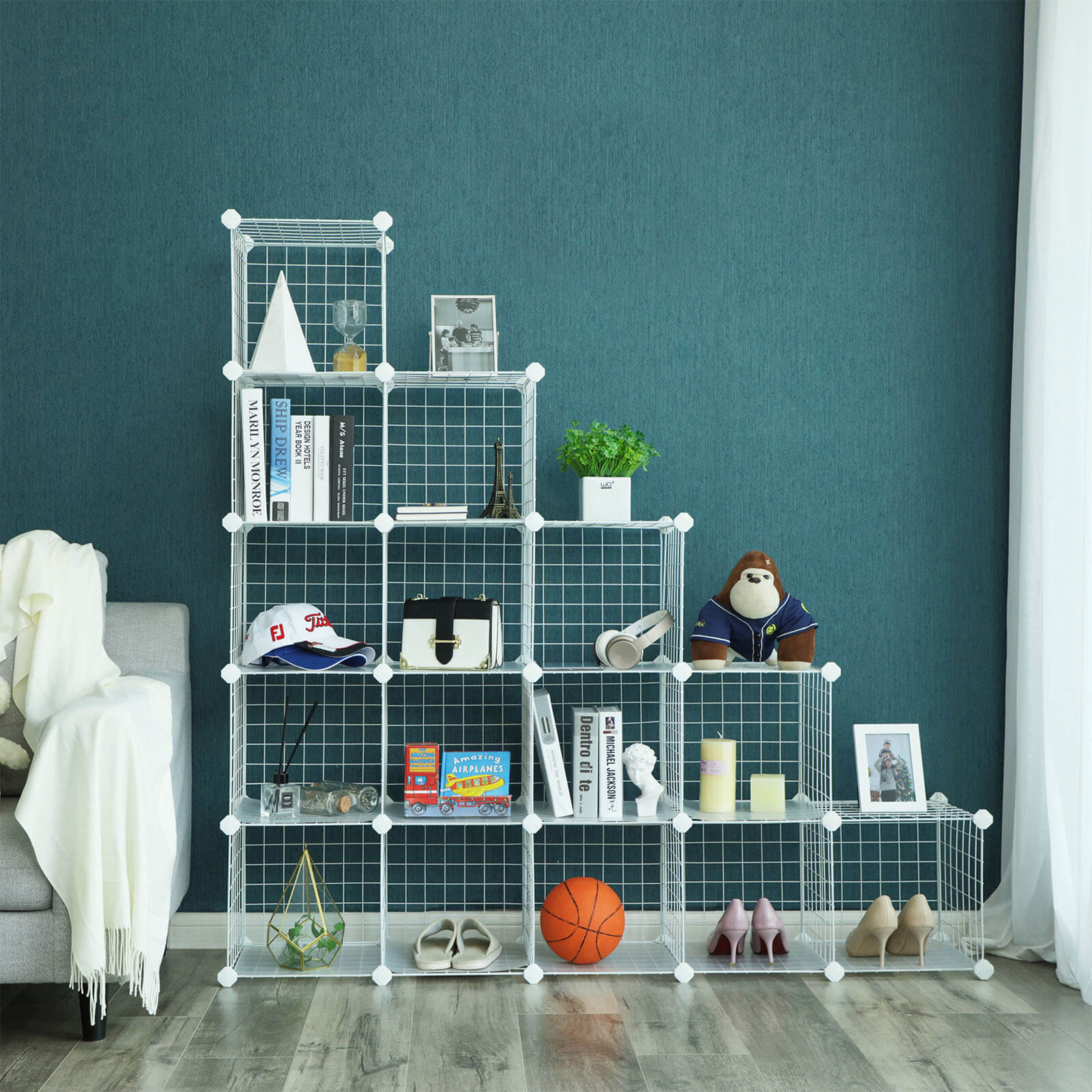 16 Cube Metal Wire Storage Organiser, Modular Shelving Grids, Wire Mesh Shelves and Rack, White, SONGMICS, 3