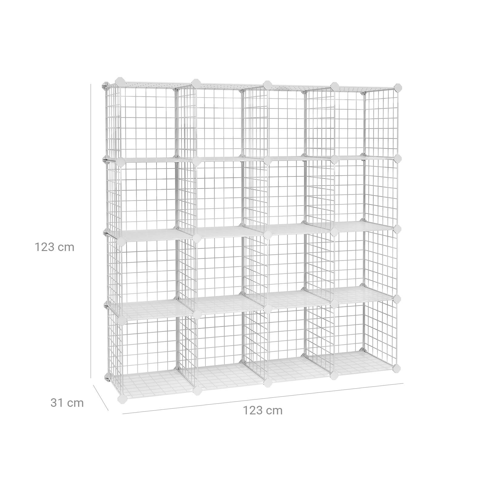 16 Cube Metal Wire Storage Organiser, Modular Shelving Grids, Wire Mesh Shelves and Rack, White, SONGMICS, 5