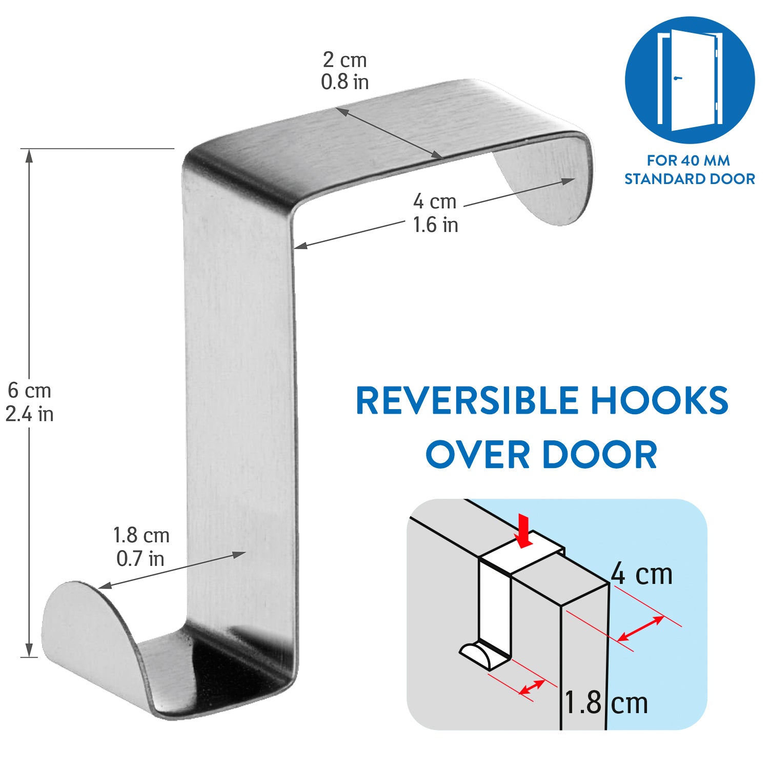 7 Stainless Steel Door Hooks,Reversible for Standard Door and Wardrobe, Tatkraft Seger, 2