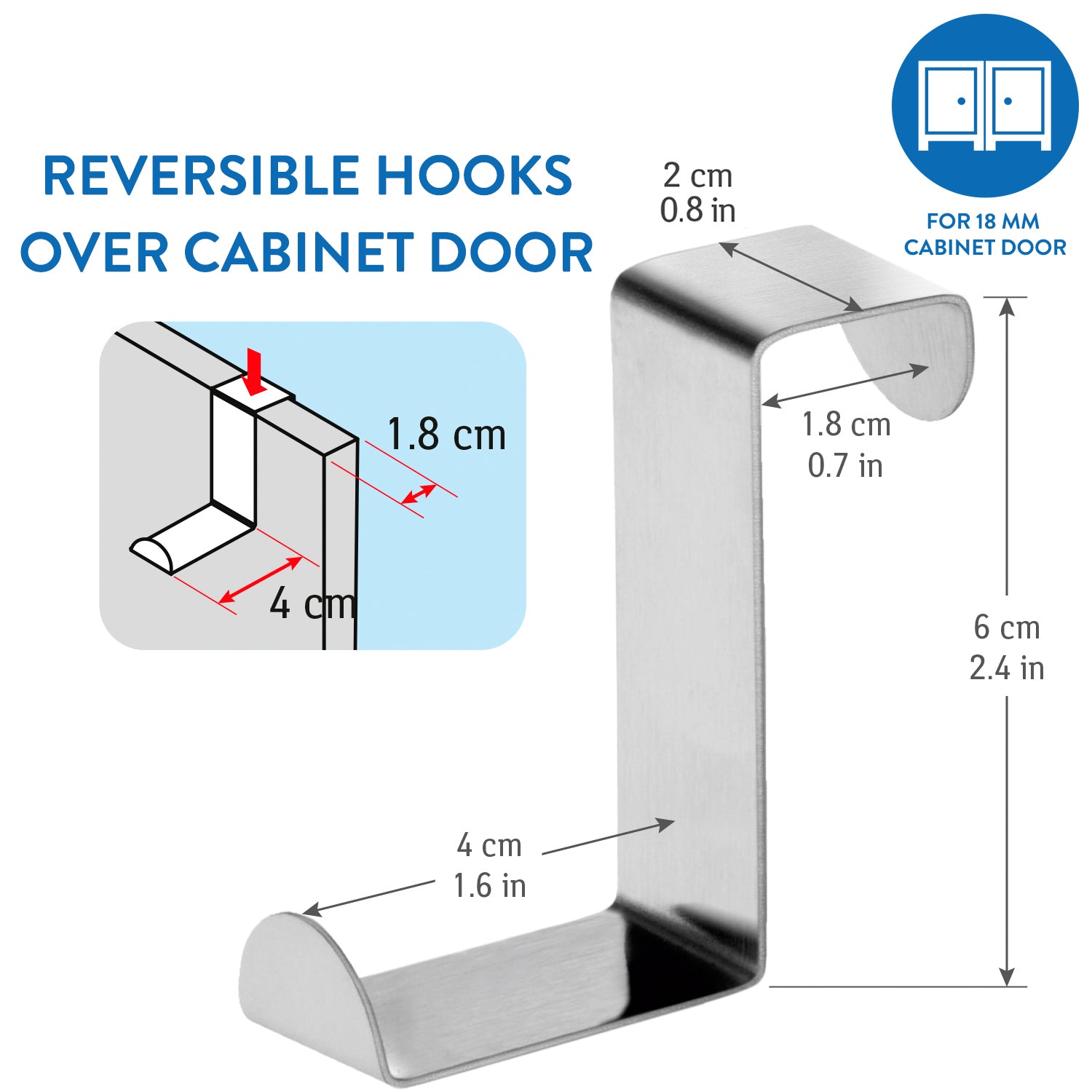 8 Stainless Steel Door Hooks,Reversible for Standard Door and Wardrobe, Tatkraft Seger, 3