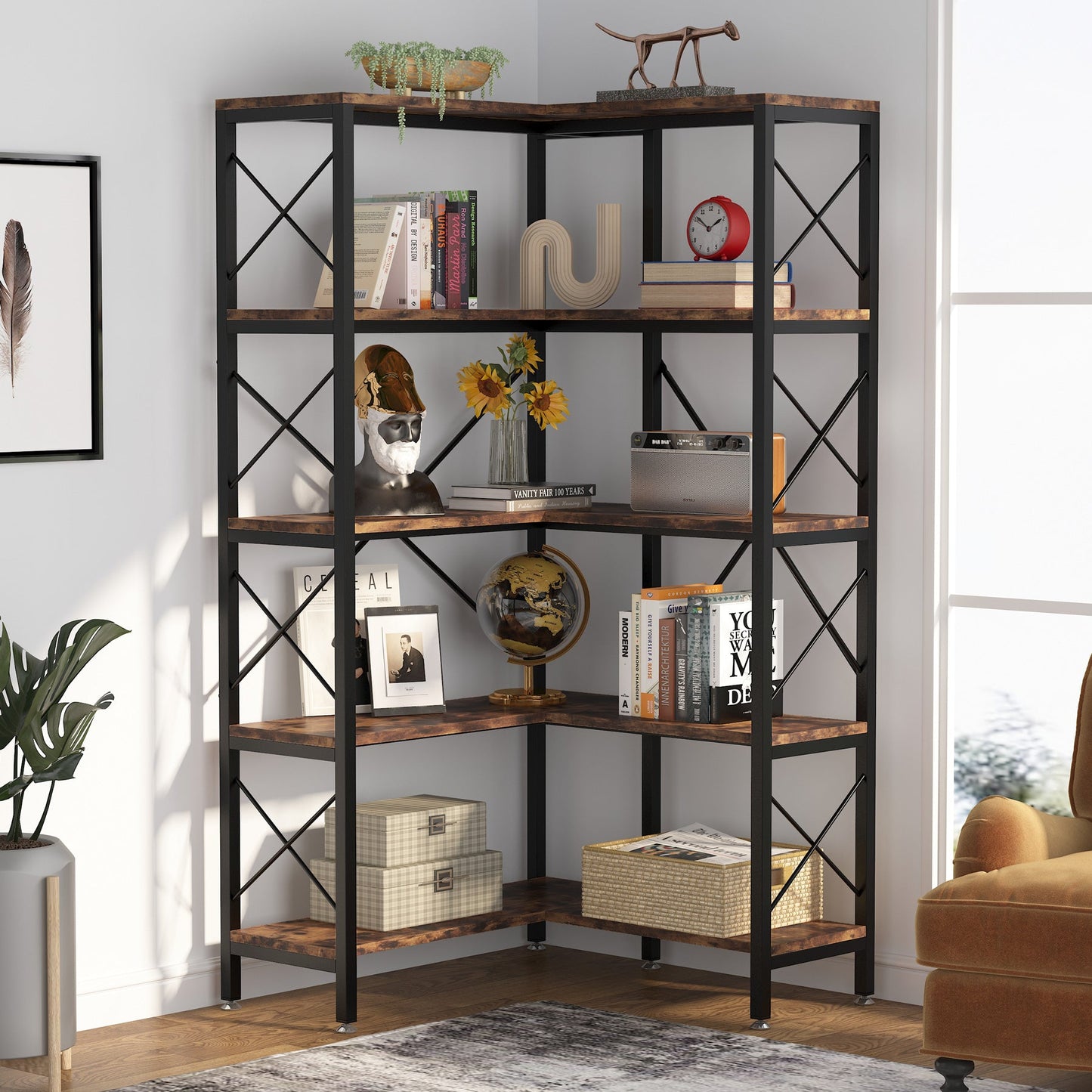 Bookshelf, Corner Bookshelf, 5-Shelf Corner Etagere Bookcase, Corner Display Rack, Rustic Brown, Tribesigns, 2