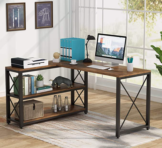 L-Shaped Desk, Reversible Corner Computer Desk with Shelves Tribesigns