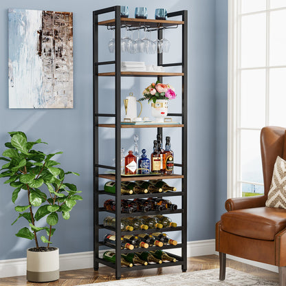 Tribesigns - Wine Rack, 9 Tier 20 Bottle Wine Bar Cabinet with Glass Holder, Rustic Brown