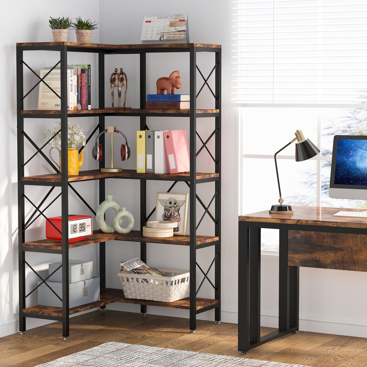 Bookshelf, Corner Bookshelf, 5-Shelf Corner Etagere Bookcase, Corner Display Rack, Rustic Brown, Tribesigns, 4