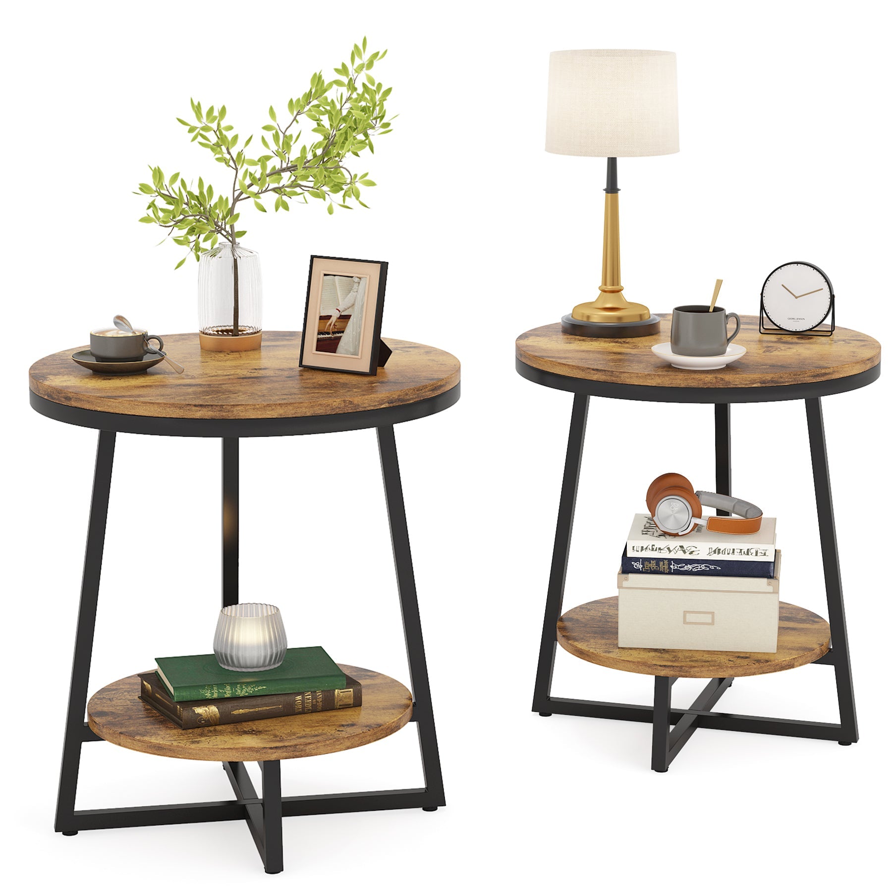 Tribesigns End 2 Tier Faux Marble Side Table, Modern Round Nightstand Tribesigns