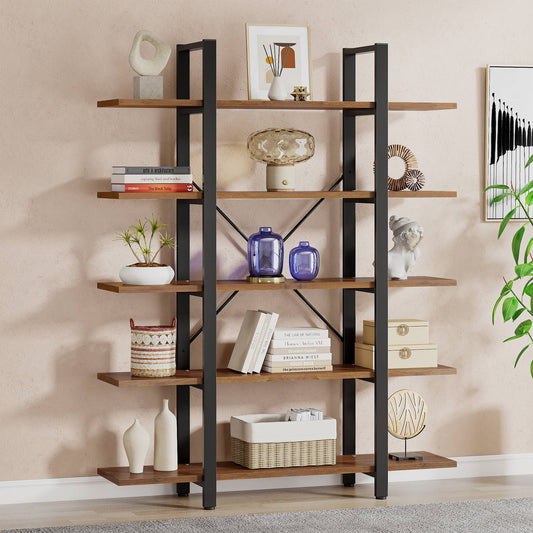 Bookshelf, 5-Tier, Vintage Industrial Style Bookcase, Wooden Bookcase, Living Room Bookcase, Tribesigns, 1