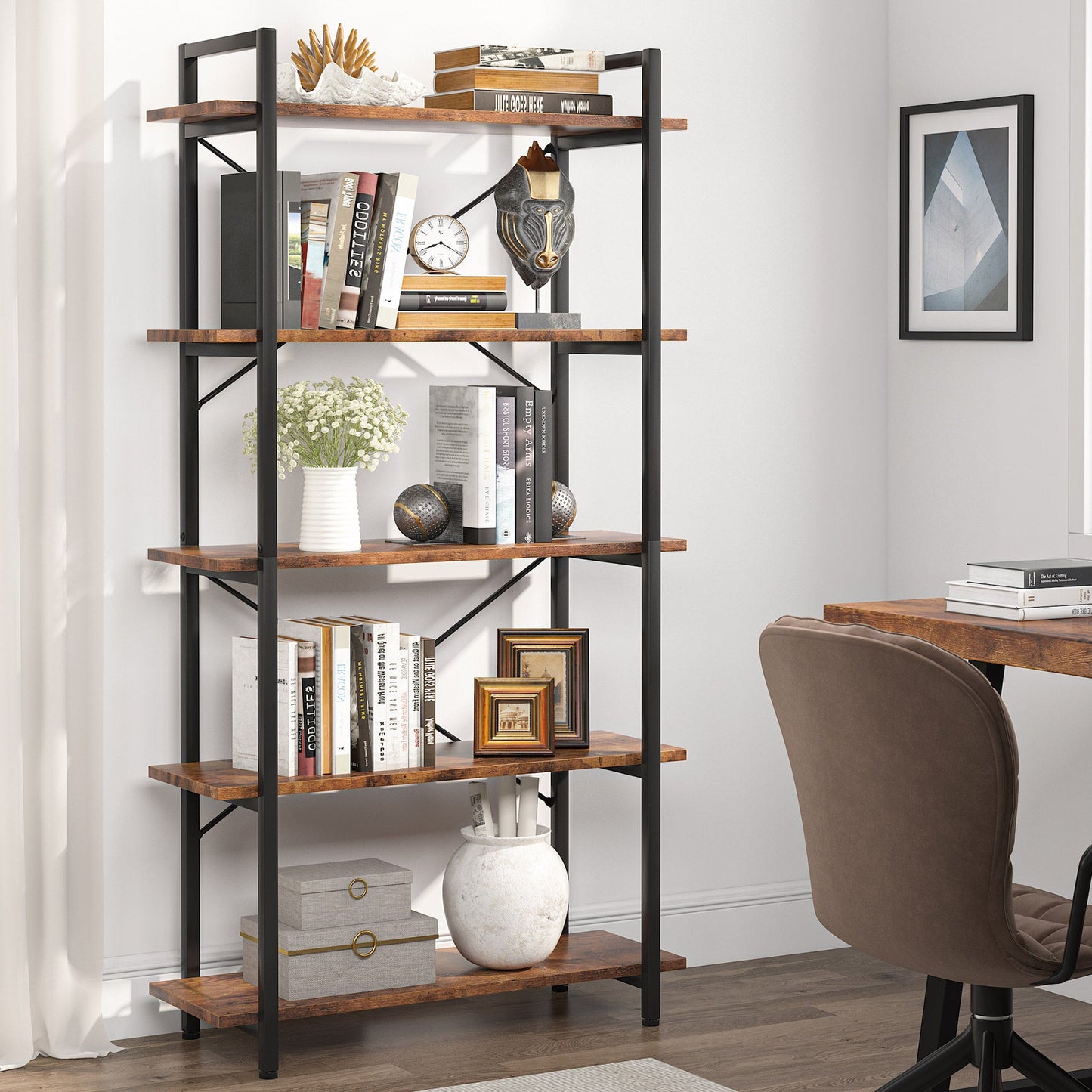5-Tier Bookshelf, Industrial Style Bookcase, Shelving Unit, bookcase with storage, Living Room Bookcase, 3