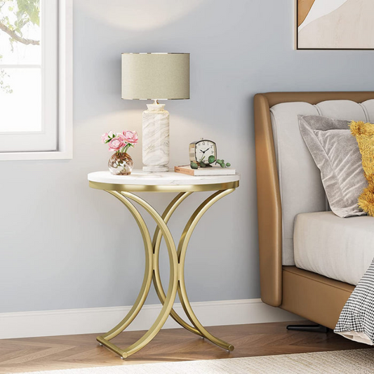 End Table, Round Sofa Side Coffee Table with Gold Metal Frame Tribesigns