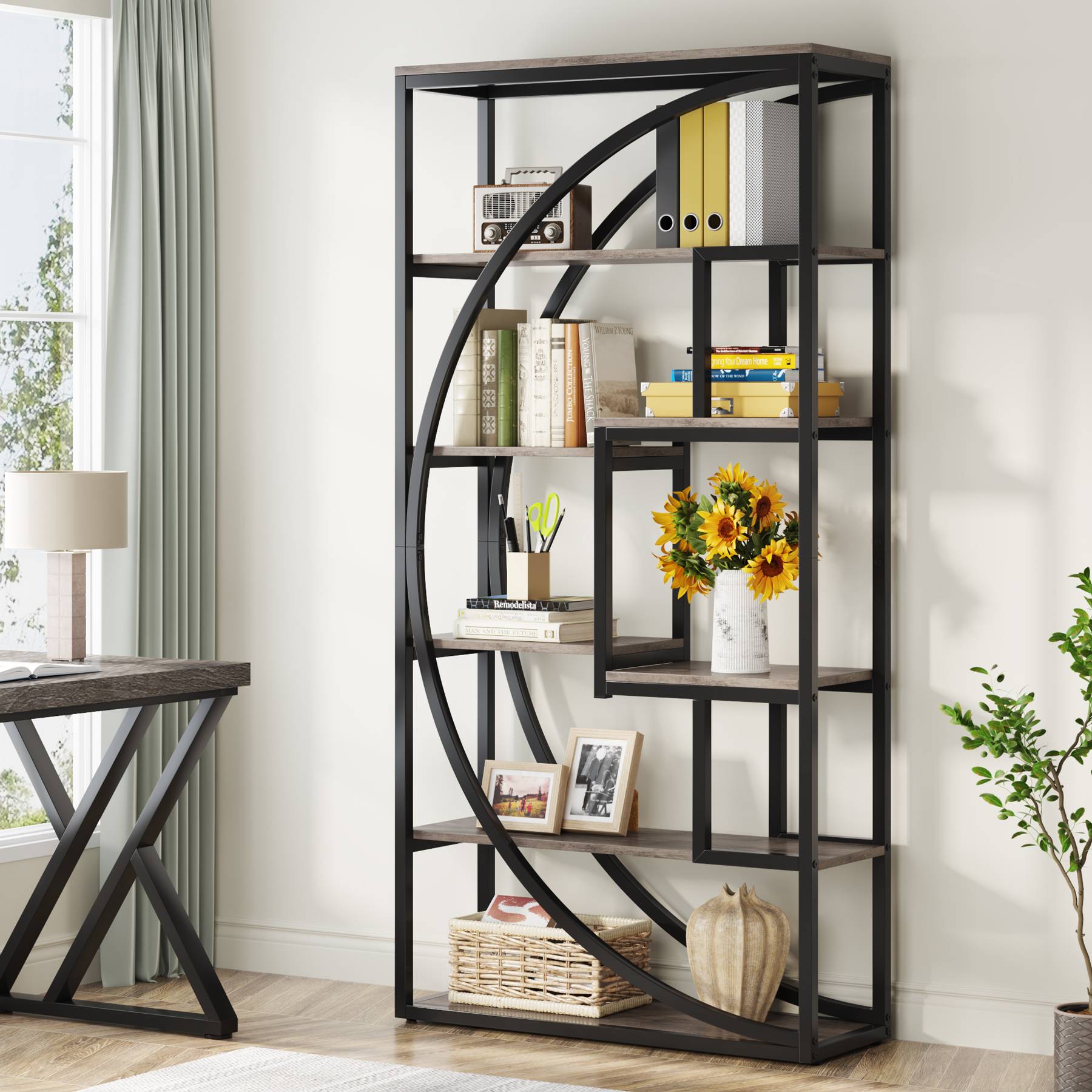 Bookshelf, Industrial Bookcase with 8 Open Storage Shelf, Tribesigns, 2