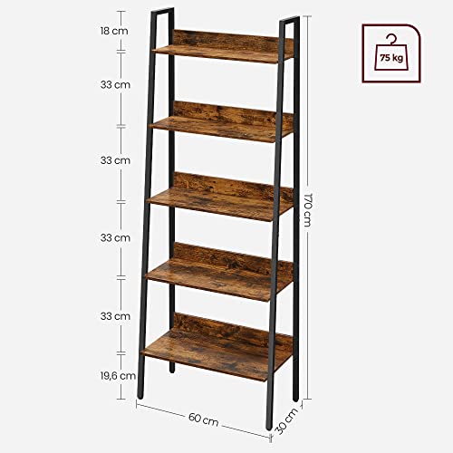 Ladder Shelf, 5-Tier Narrow Shelf, Bookshelf for Home Office, Kitchen, Industrial, Rustic Brown and Black, VASAGLE, 5