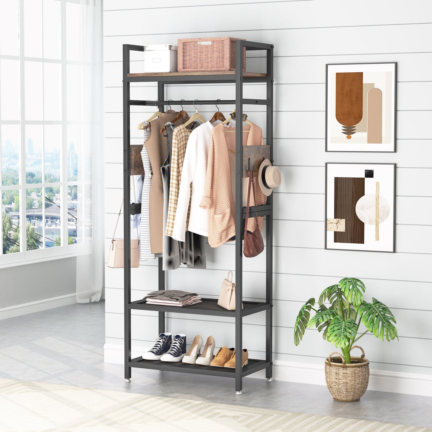 Clothes Rail, Heavy Duty Clothes Rail, Free Standing Coat Rack, Hallway Coat and Shoe Storage, Open Wardrobe, Tribesigns, 5