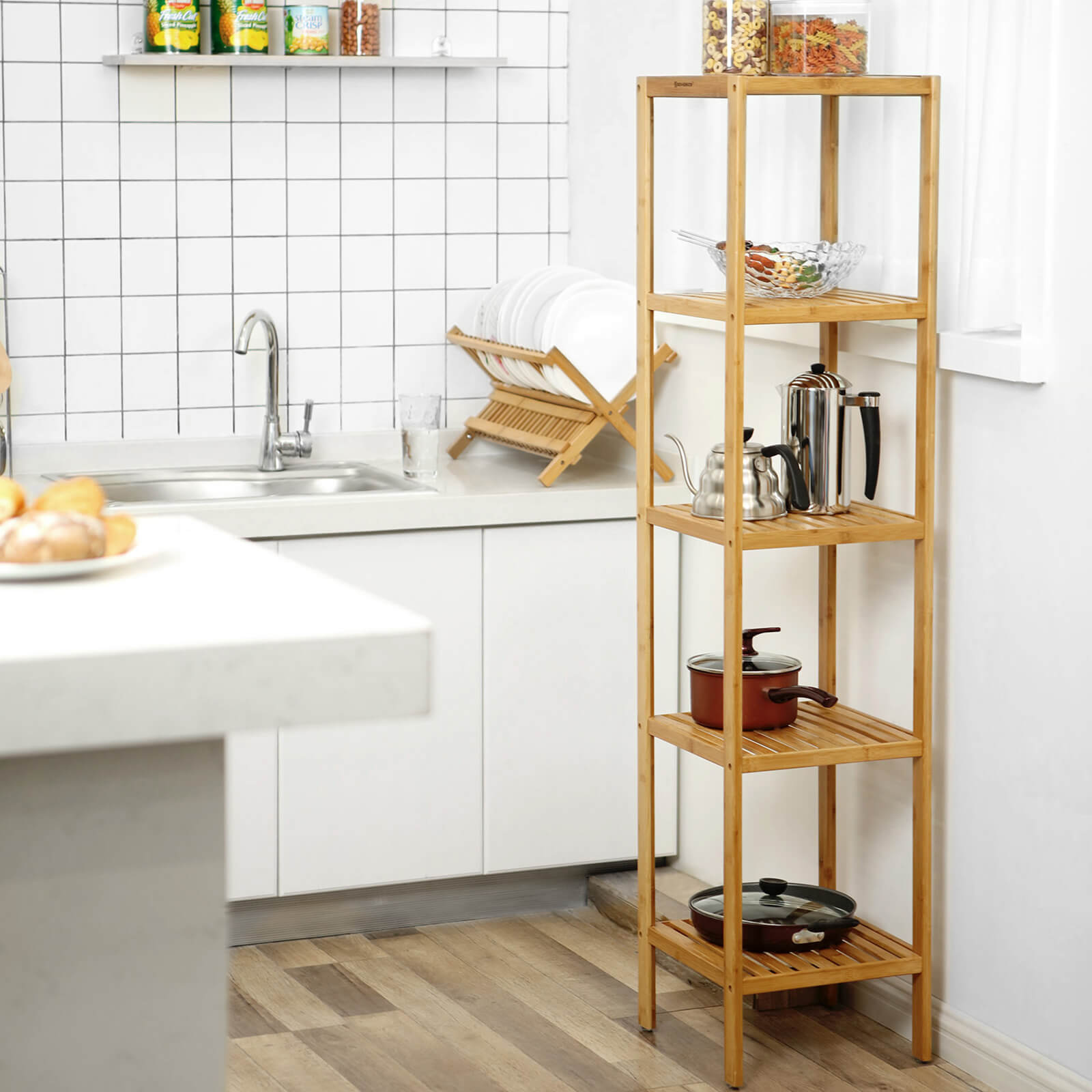 5-Tier Bamboo Bathroom Shelf, Standing Kitchen Rack, 33 x 33 x 146 cm(L x W x H), for Narrow Spaces, SONGMICS, 2