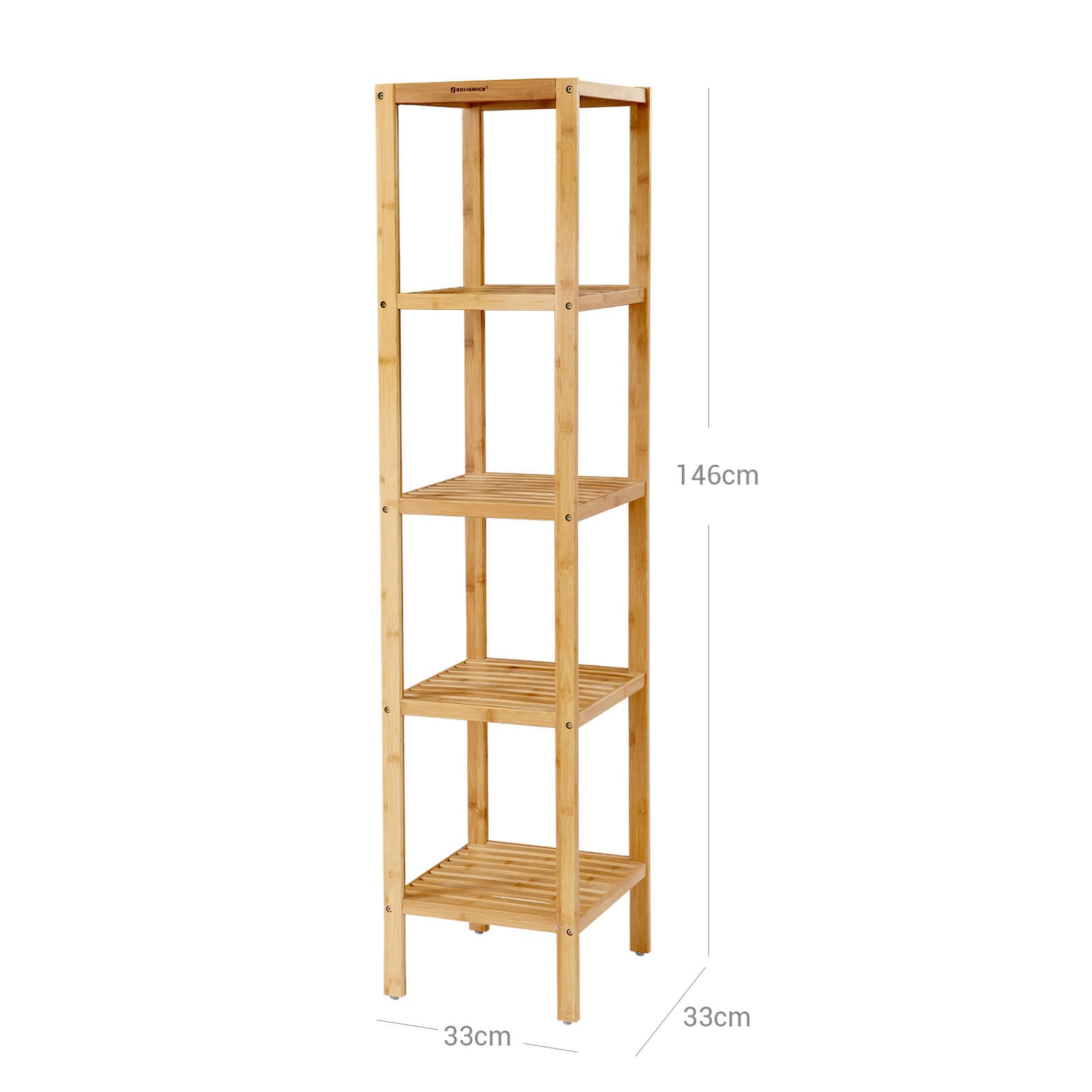 5-Tier Bamboo Bathroom Shelf, Standing Kitchen Rack, 33 x 33 x 146 cm(L x W x H), for Narrow Spaces, SONGMICS, 5