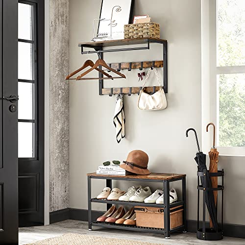 Wall-Mounted Coat Rack, Wall Shelf with 10 Removable Hooks, Clothes Rail, Coat Hooks with Shelf, for Entryway