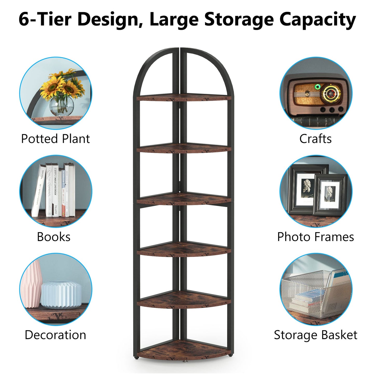 6-Tier Corner Shelf, 71 inch Tall Corner Bookshelf for Small Space,  Wall Shelves, Storage Shelves, Wall mounted Bookcase, 5