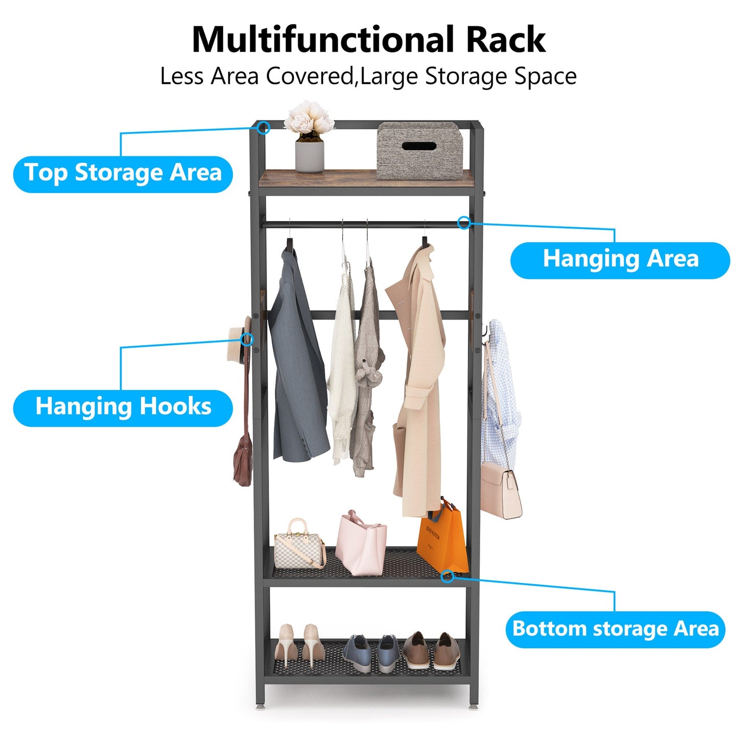 Clothes Rail, Heavy Duty Clothes Rail, Free Standing Coat Rack, Hallway Coat and Shoe Storage, Open Wardrobe, Tribesigns, 2