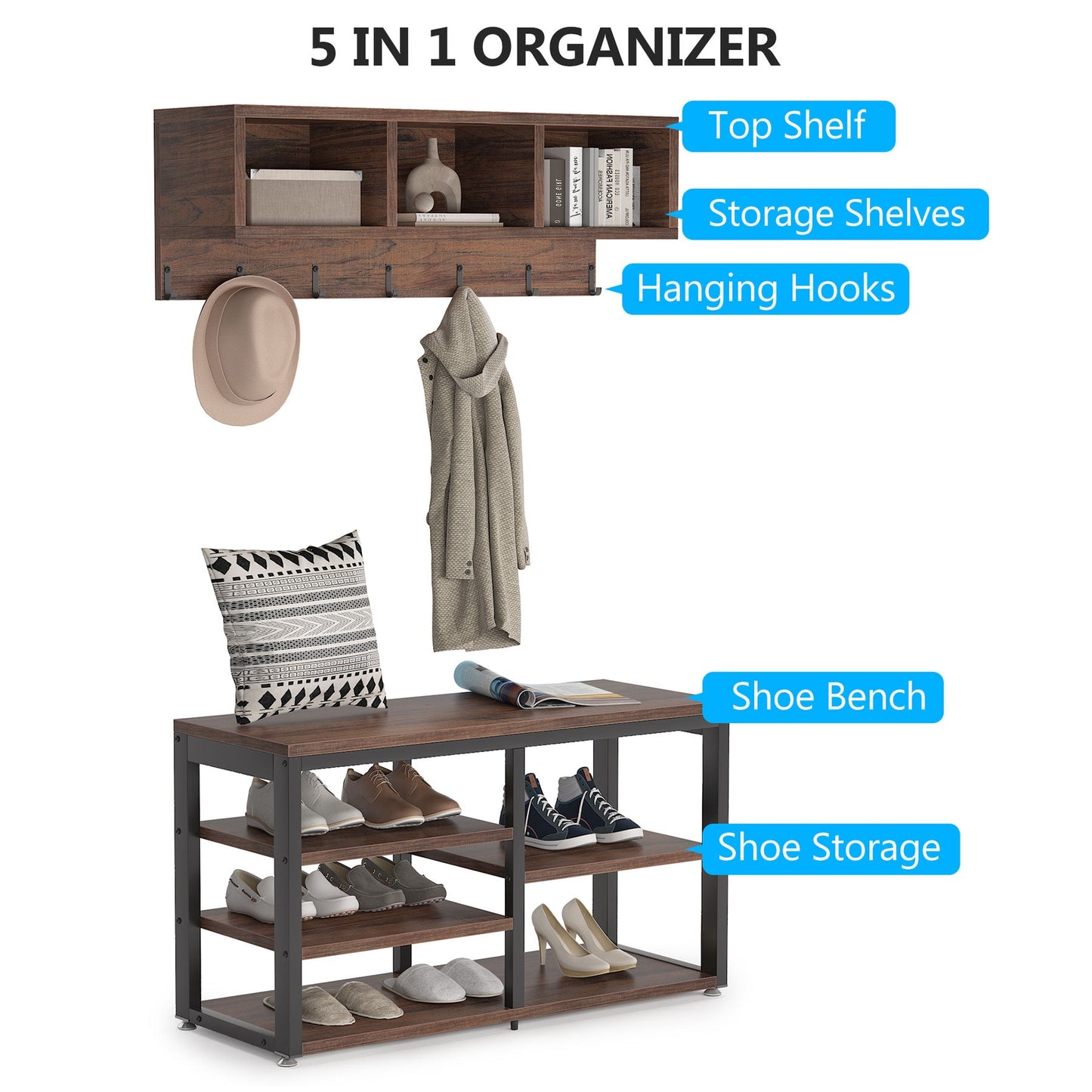 Shoe Bench Set with Wall Mounted Coat Rack, Tribesigns, 2