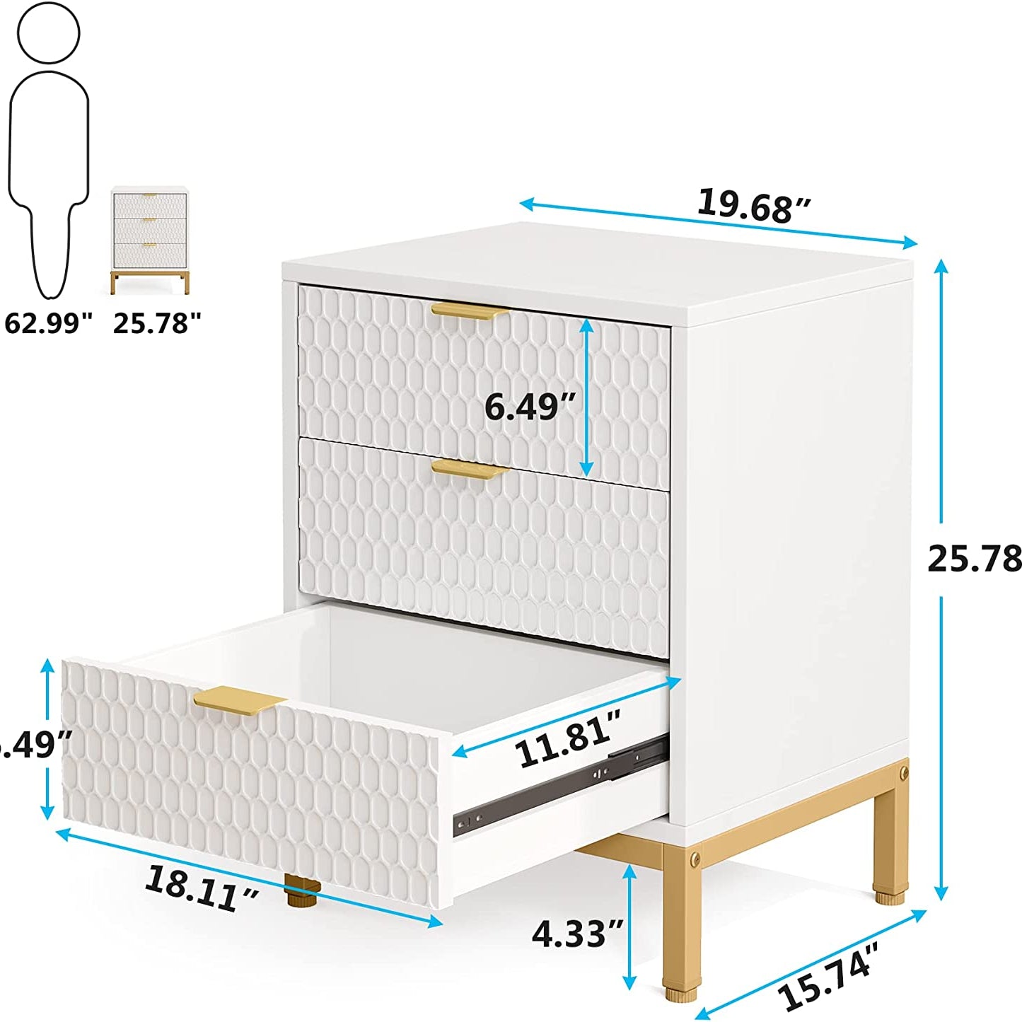 Tribesigns - Nightstand, 25.8" Tall Bedside Table with 3 Drawers, White & Gold