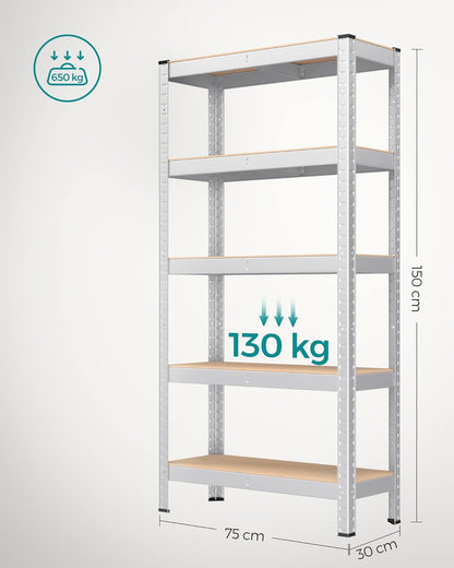 5 Tier Steel Shelving Unit Boltless Mounting Garage Shed 650kg Load Capacity 30x75x150cm Silver, SONGMICS, 4