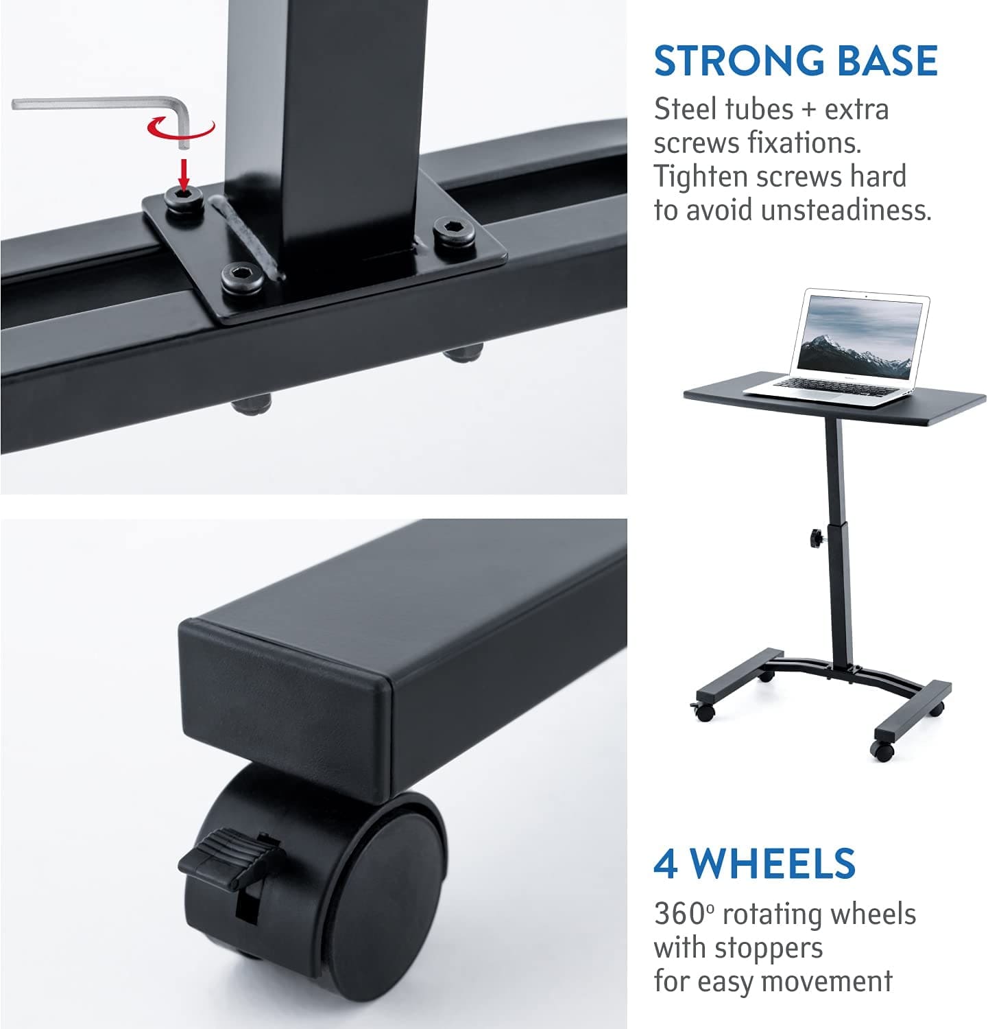 Laptop Stand Desk, Strong base, 4 wheels