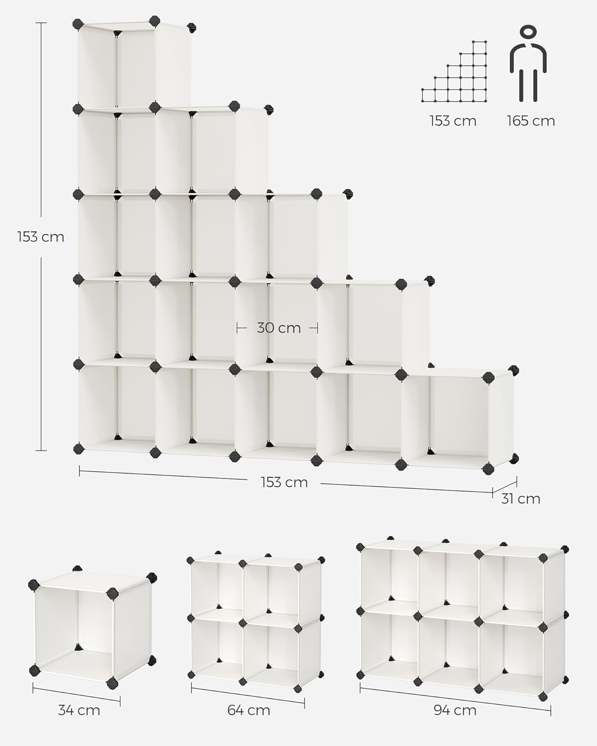 Modular Wardrobe, 16 Cube Wardrobe, Modular Shoe Rack, Stackable Cubes, PP Plastic Shelf, Wardrobe Divider, 4