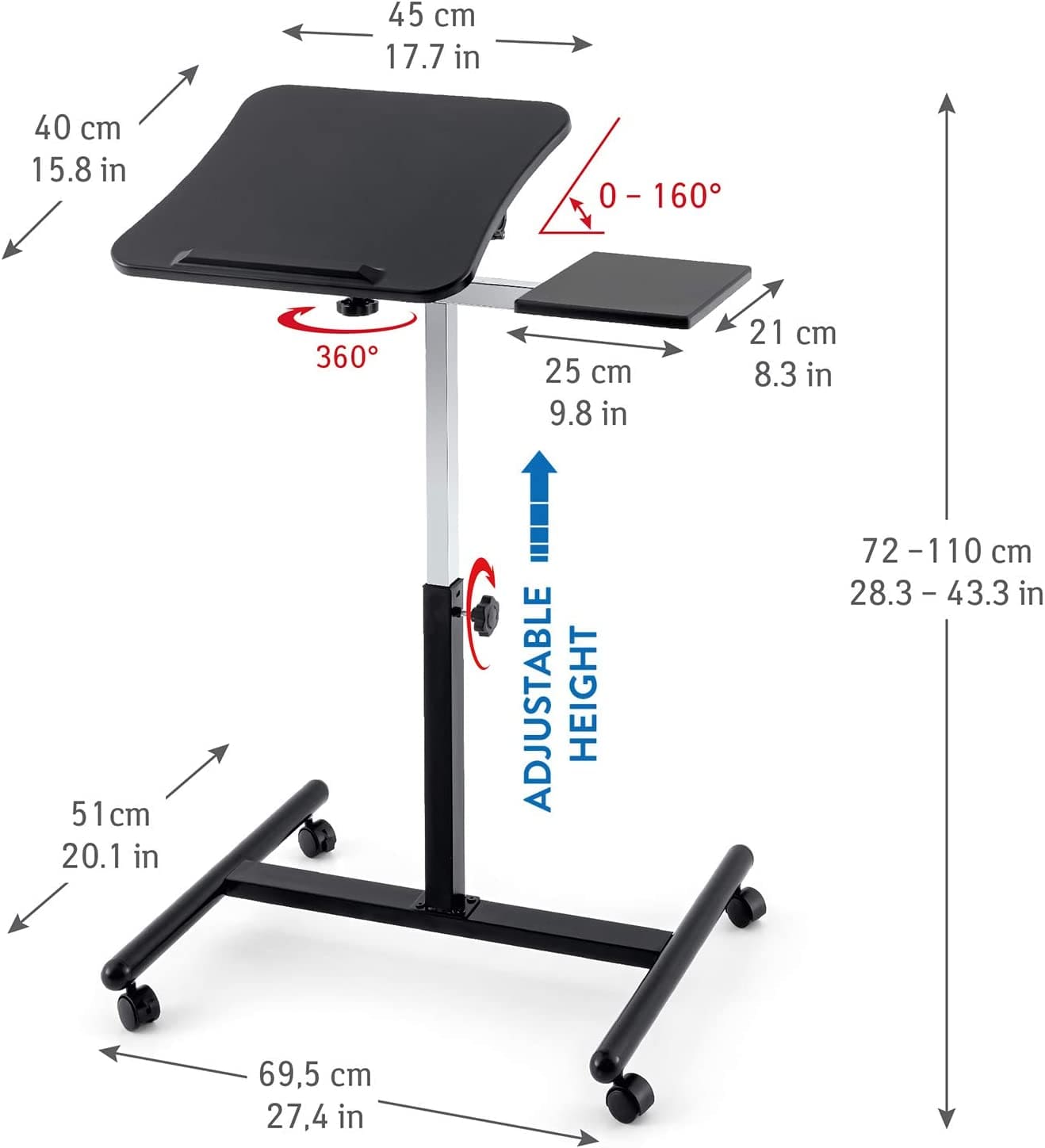 Desk for Laptop,  Adjustable 72-110 cm, table top 40 x 45 cm