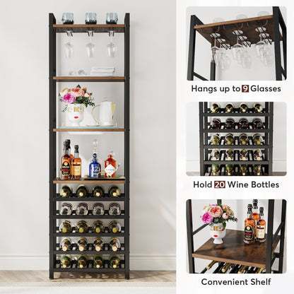 Tribesigns - Wine Rack, 9 Tier 20 Bottle Wine Bar Cabinet with Glass Holder, Rustic Brown