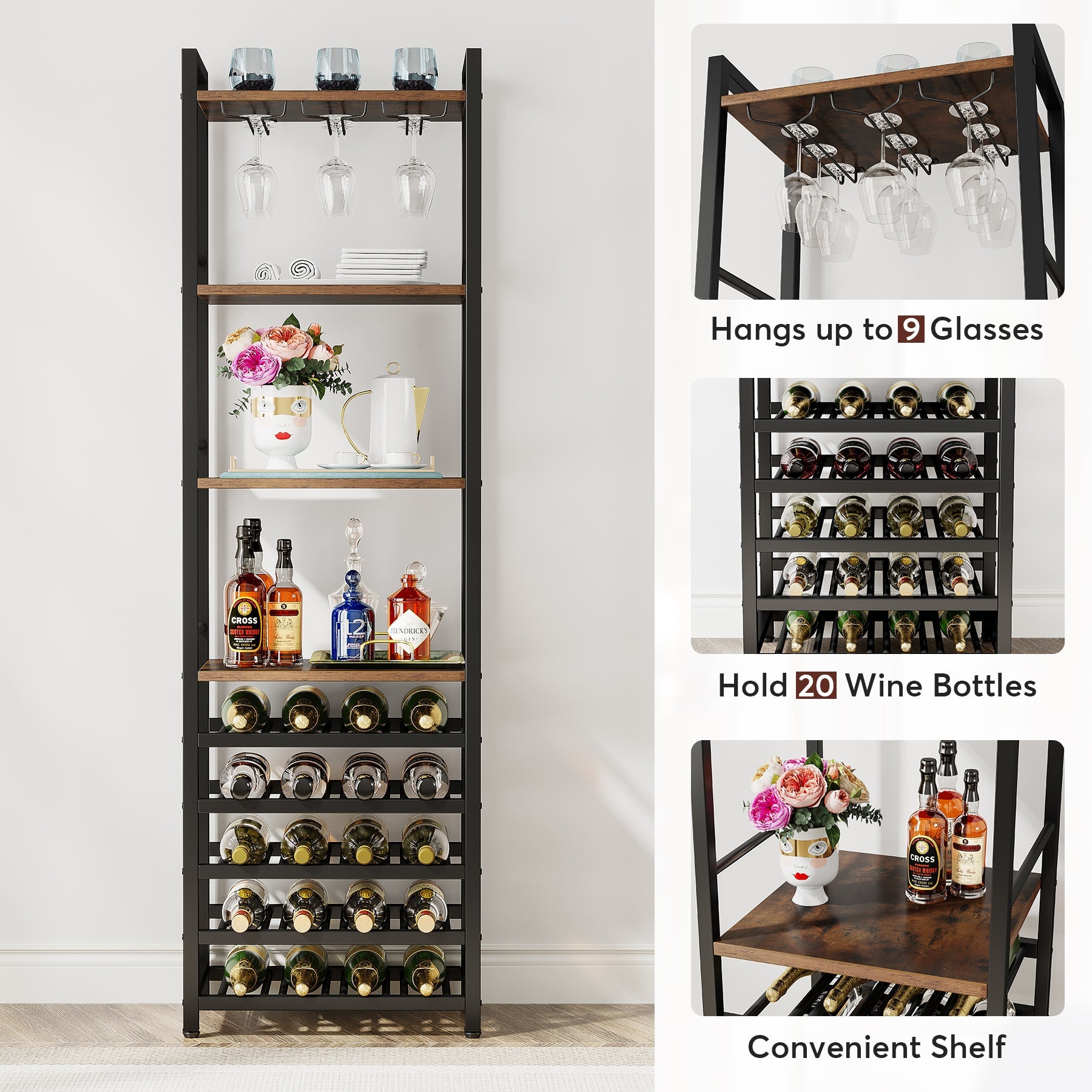 Wine Rack, Tall Wine Rack, 9 Tier 20 Bottle, Narrow Wine Rack, Free Standing Wine Rack, Tribesigns, 5