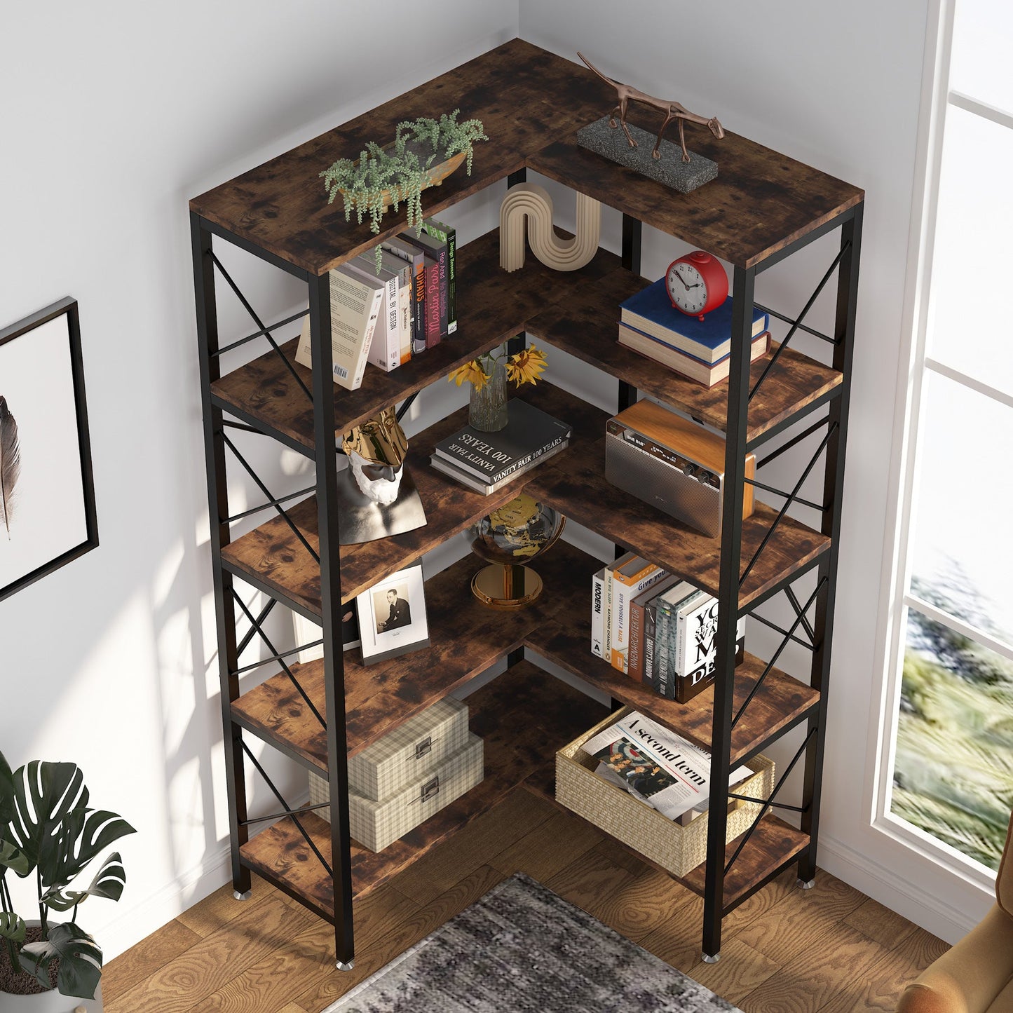 Bookshelf, Corner Bookshelf, 5-Shelf Corner Etagere Bookcase, Corner Display Rack, Rustic Brown, Tribesigns, 6