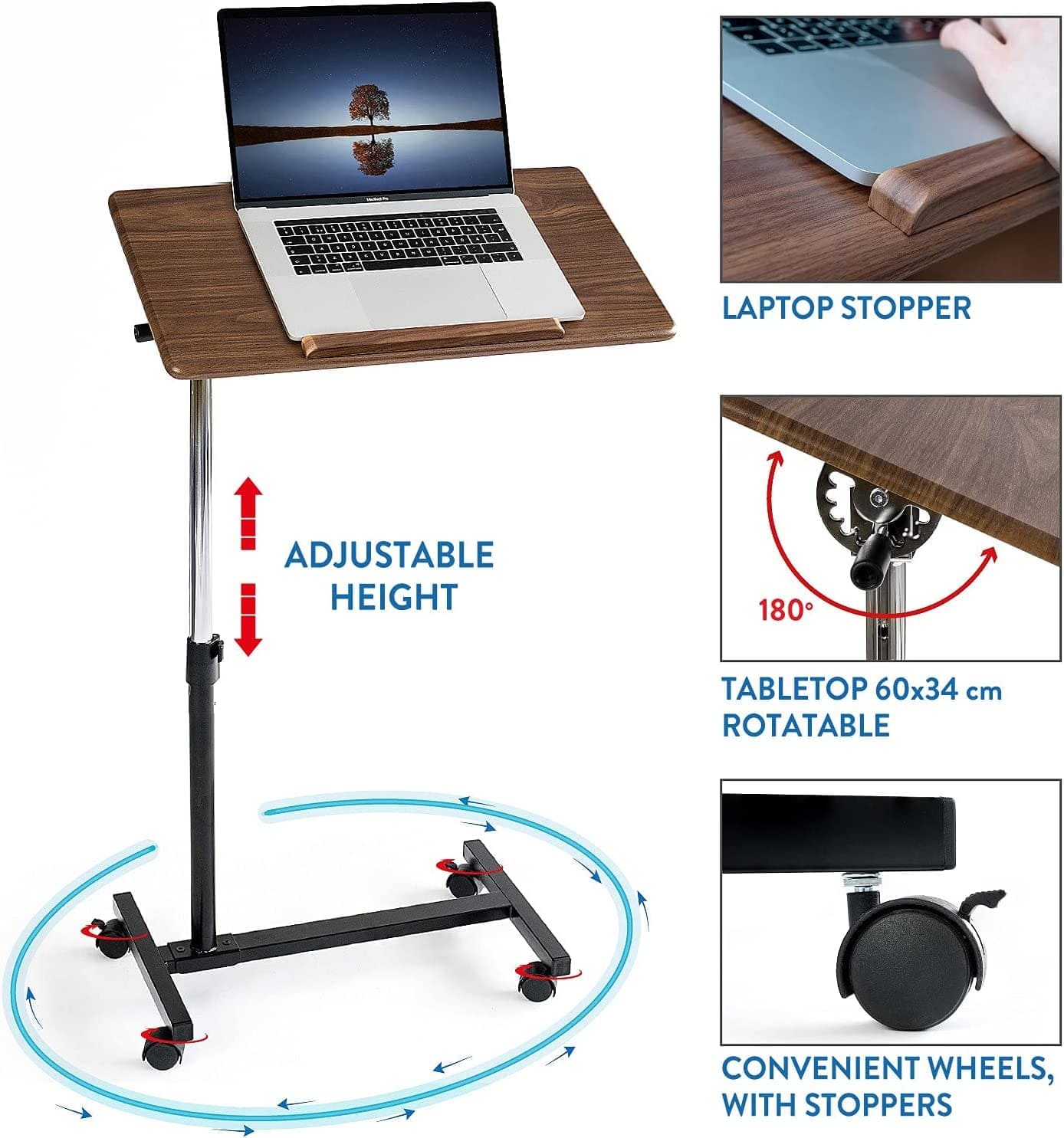 Laptop Bed Table, Adjustable Laptop Table, Portable Laptop Desk, Sofa Desk,  Desk on Wheels, Ergonomic, Tatkraft Gain, 7