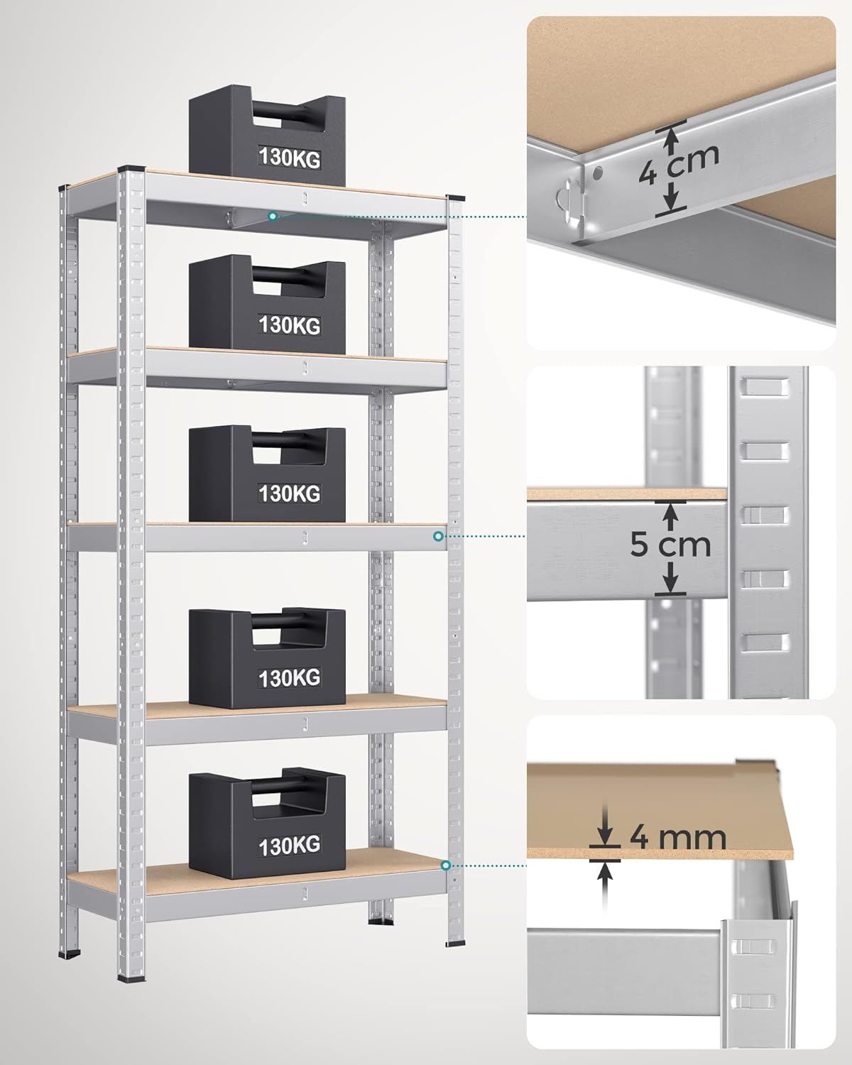 5 Tier Steel Shelving Unit Boltless Mounting Garage Shed 650kg Load Capacity 30x75x150cm Silver, SONGMICS, 2