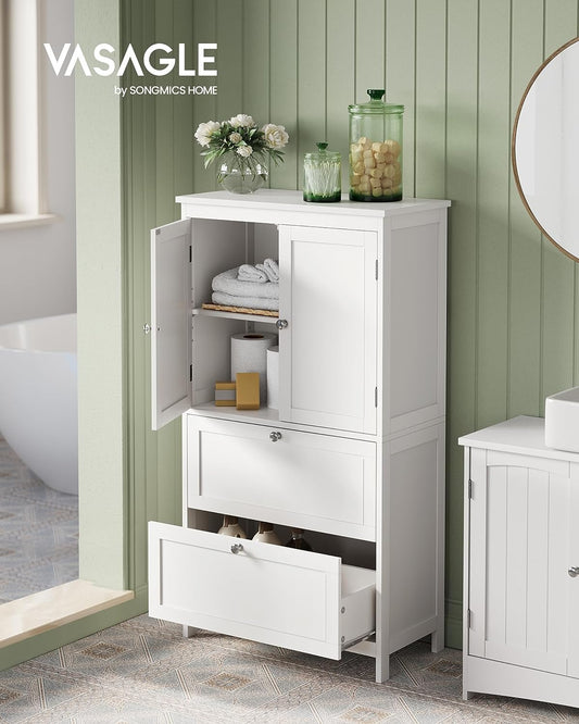 Bathroom Cabinet, Bathroom Cabinet, Kitchen Sideboard, Cabinet with 2 Drawers and 2 Doors, Adjustable Shelf, White