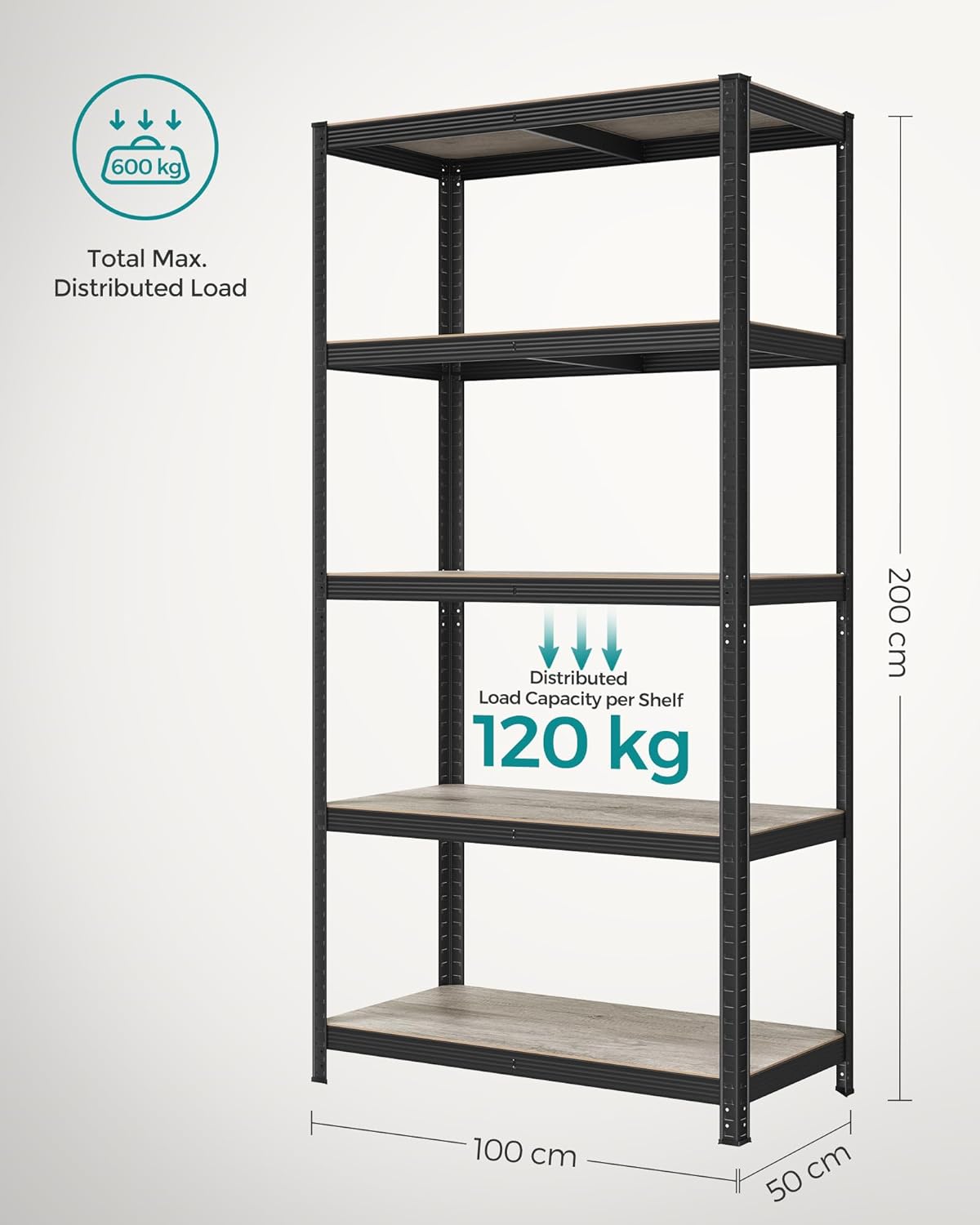 Shelving Unit, 50 x 100 x 200 cm, 600 kg Load Capacity (120 kg per Shelf), Industrial, Adjustable Storage Shelves, 2