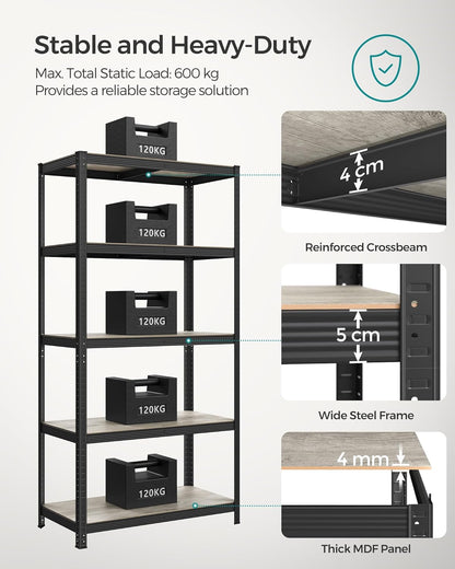 Shelving Unit, 50 x 100 x 200 cm, 600 kg Load Capacity (120 kg per Shelf), Industrial, Adjustable Storage Shelves, 3