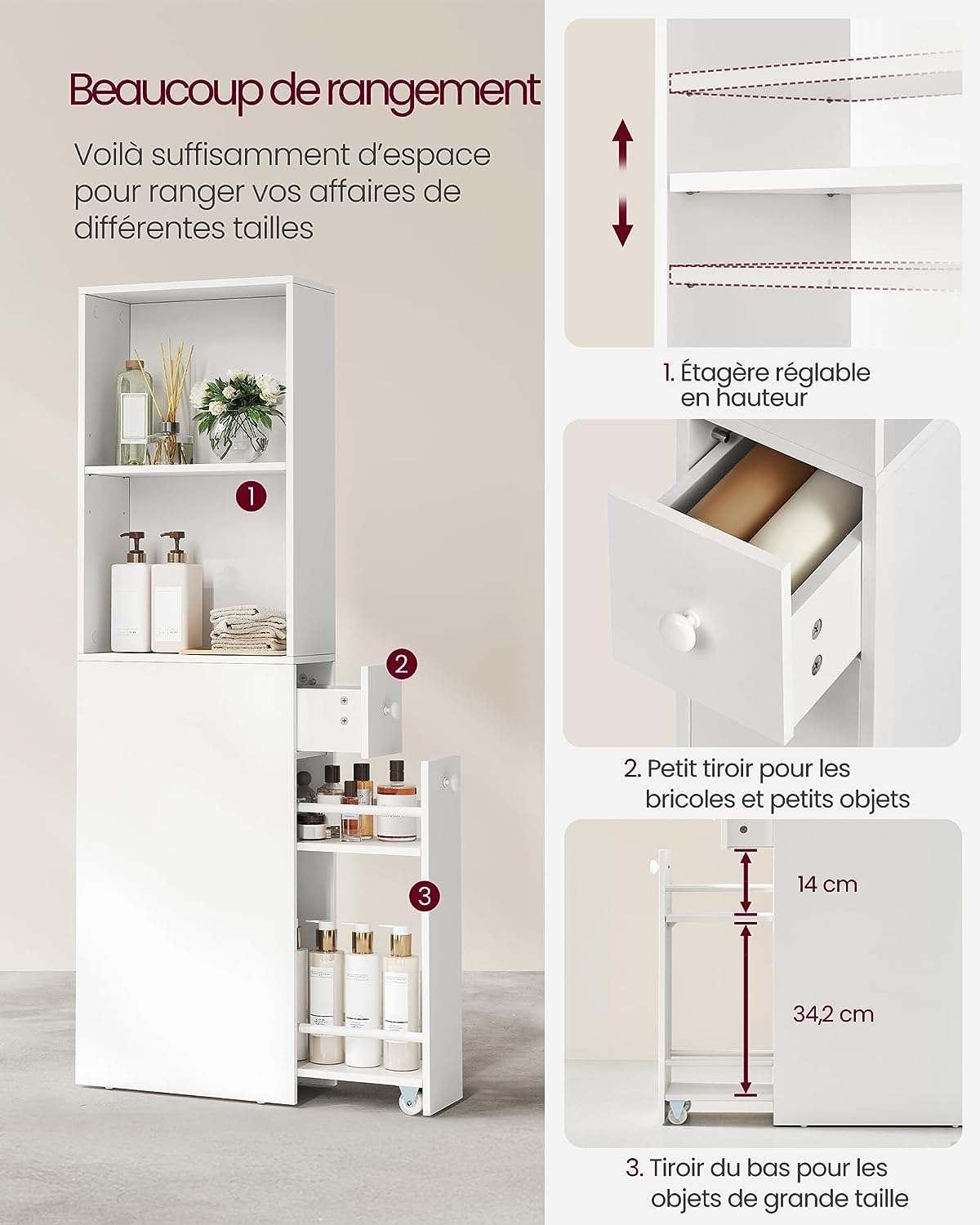 VASAGLE - Tall Bathroom Furniture, Slim Storage Unit, Column with Drawers and Adjustable Shelf, Wardrobe, Cupboard, for Small Spaces