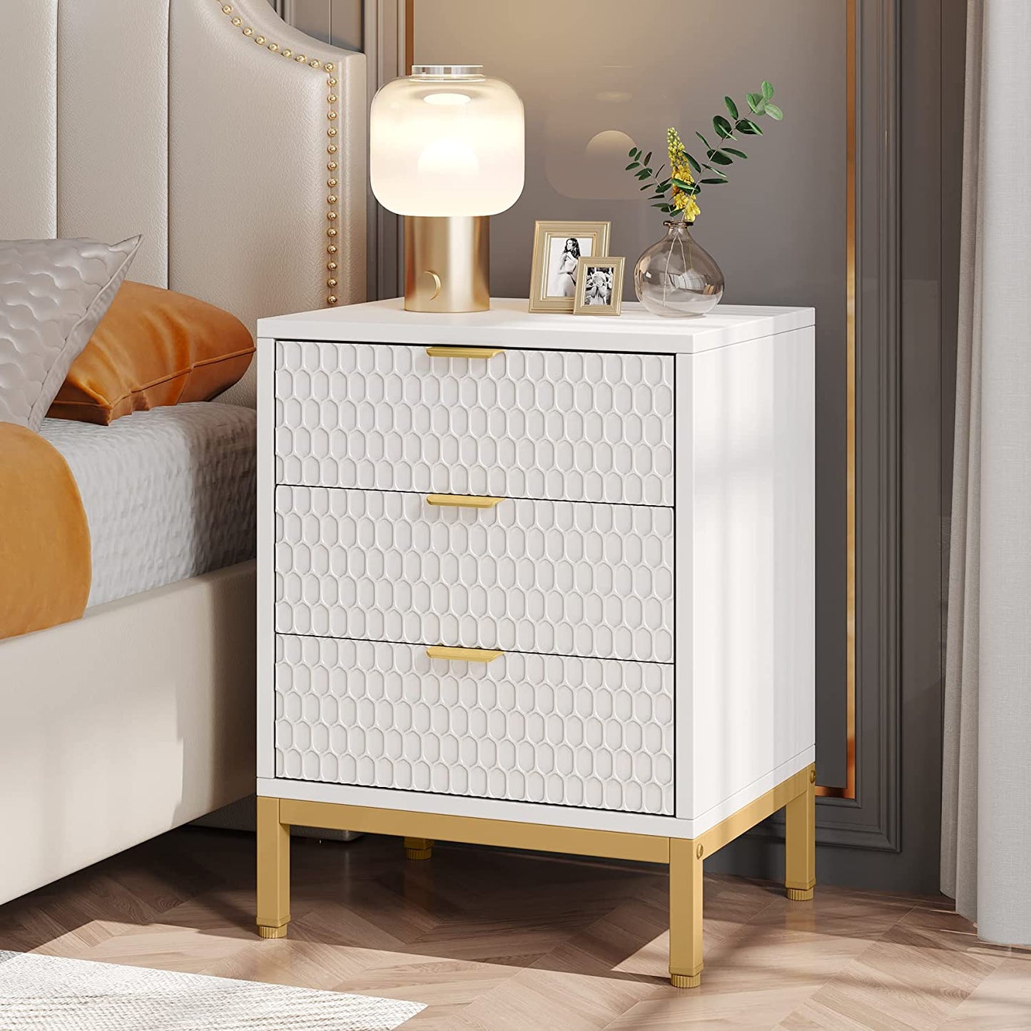 Tribesigns - Nightstand, 25.8" Tall Bedside Table with 3 Drawers, White & Gold