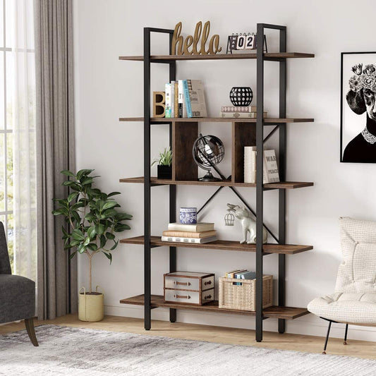 Bookshelf, 5-Tier Industrial Bookcase Display Storage Shelf, Bookcase with Storage, Living Room Bookcase, 1