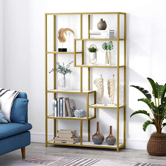 Bookshelf Bookcase, Gold 8-Open Shelf Etagere Bookcase with Faux Marble Tribesigns