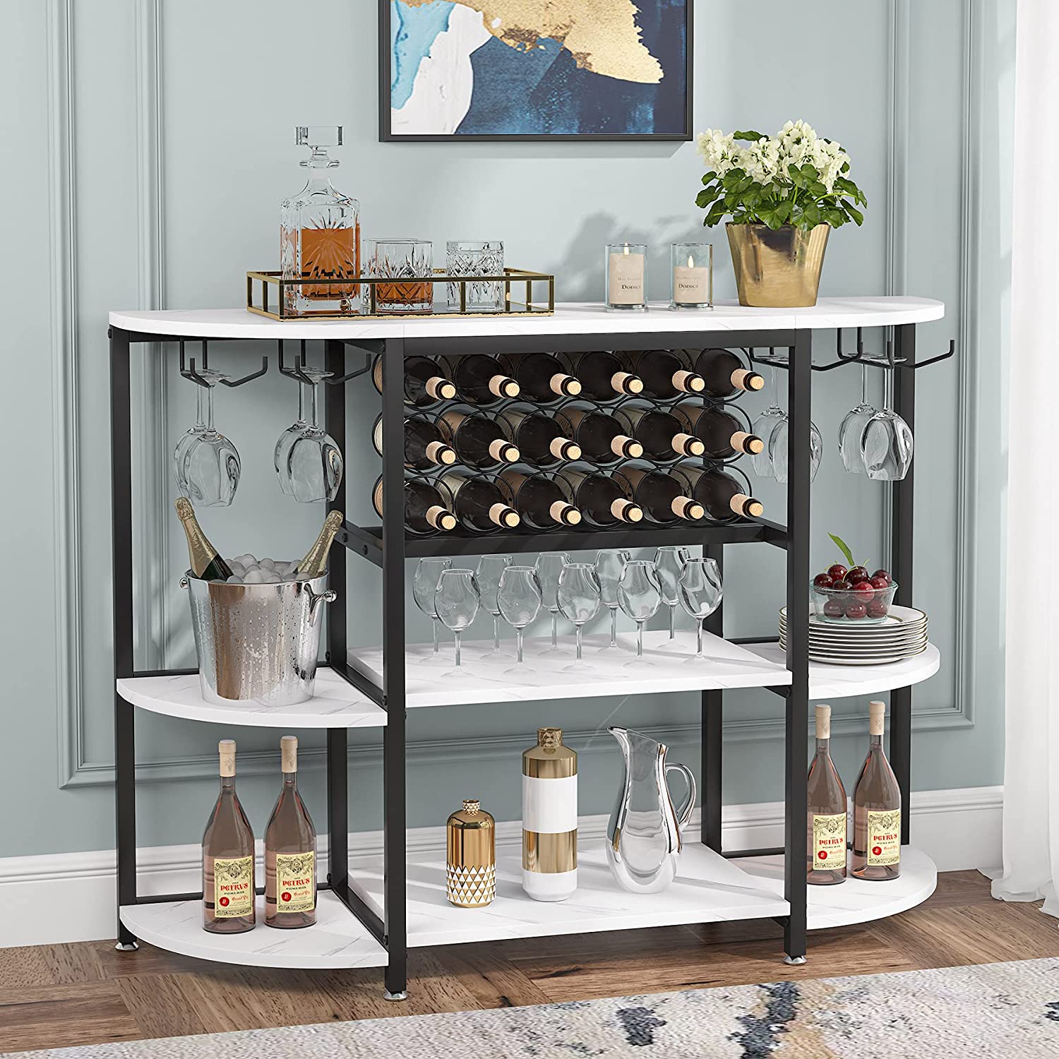 Tribesigns Wine Rack, 47 Inch Freestanding Wine Bar Cabinet with Storage Shelves Tribesigns