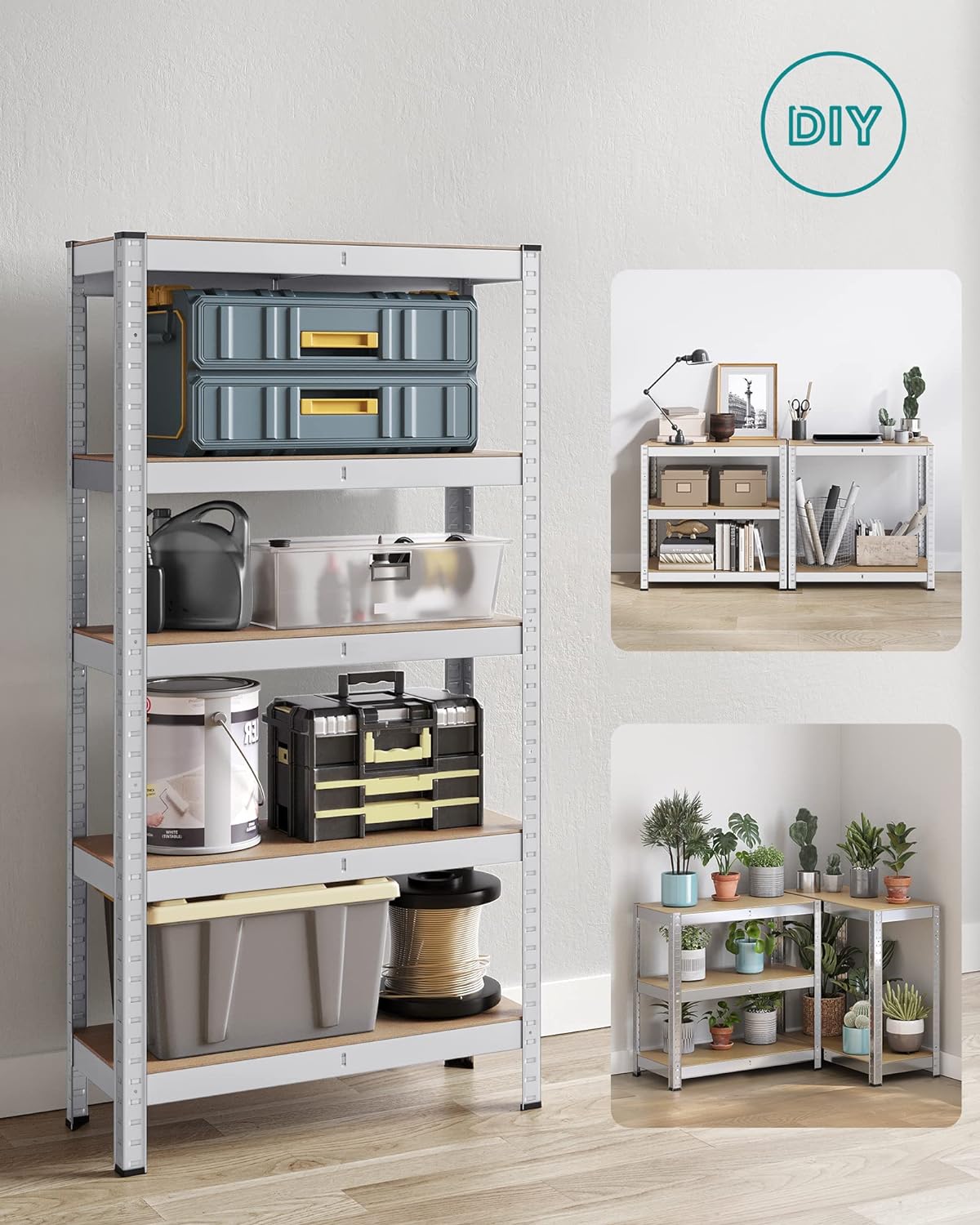 5 Tier Steel Shelving Unit Boltless Mounting Garage Shed 650kg Load Capacity 30x75x150cm Silver, SONGMICS, 5