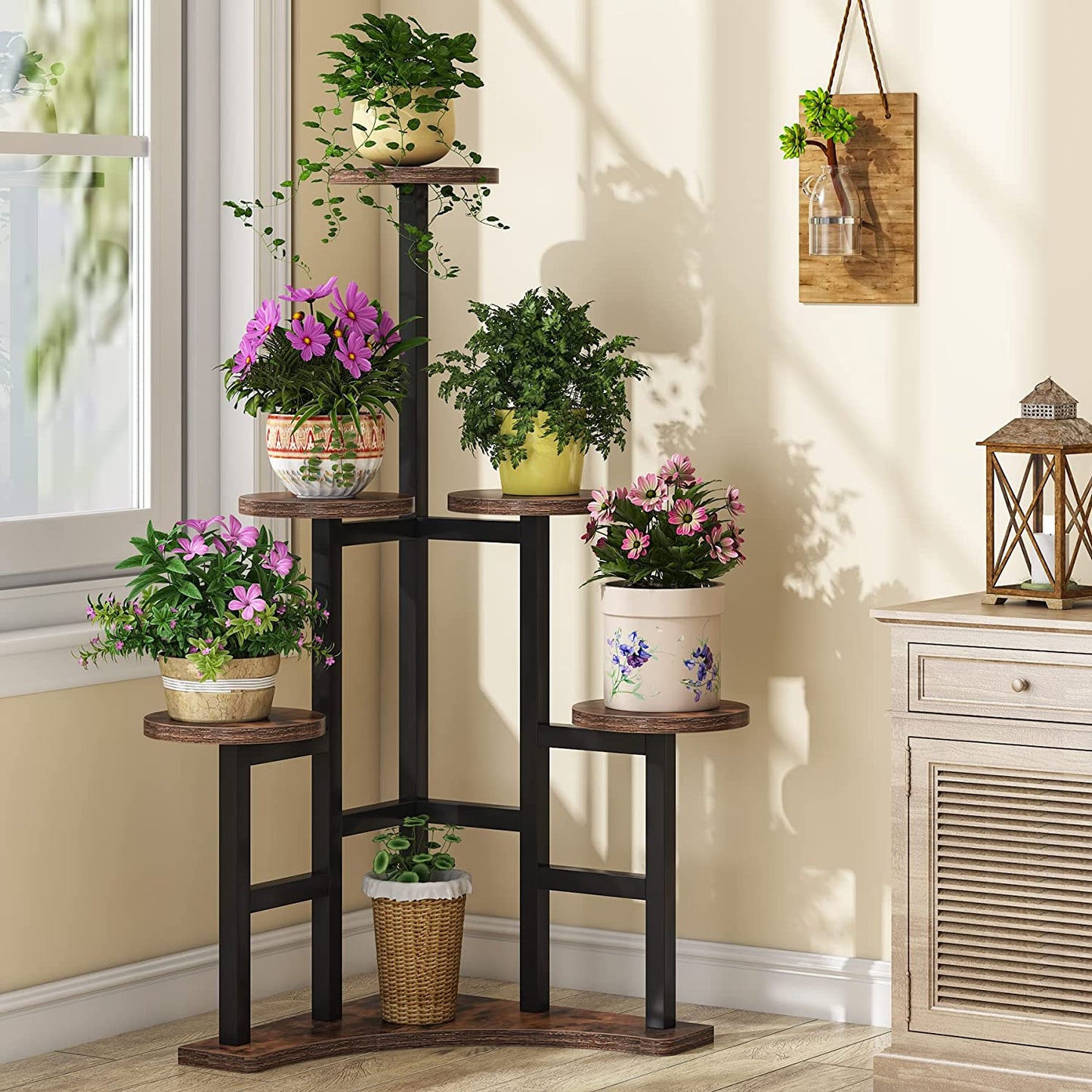 Tribesigns - Corner Plant Stand Indoor, 6 Tiered Plant Shelf Flower Stand, Rustic Brown & Black