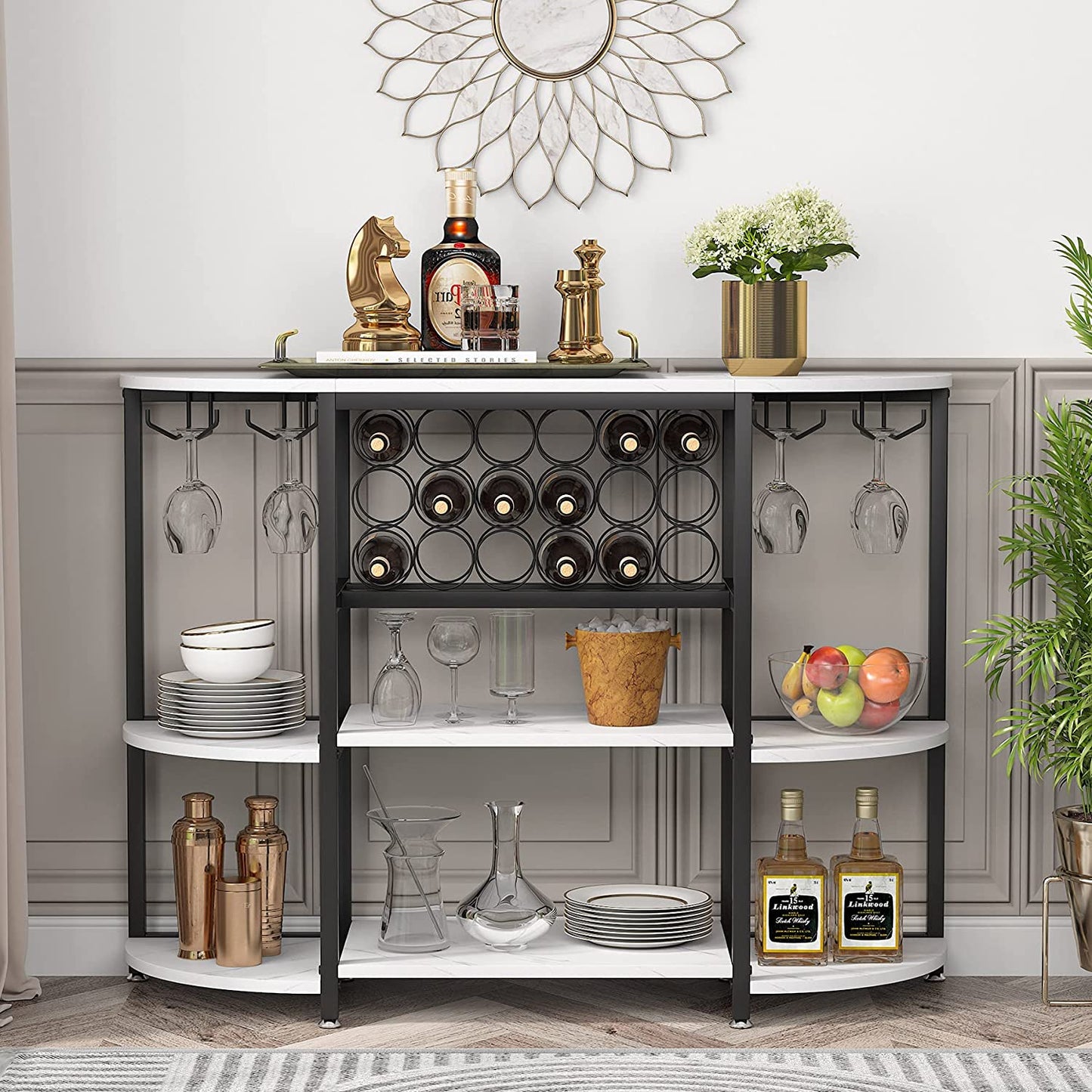Tribesigns Wine Rack, 47 Inch Freestanding Wine Bar Cabinet with Storage Shelves Tribesigns